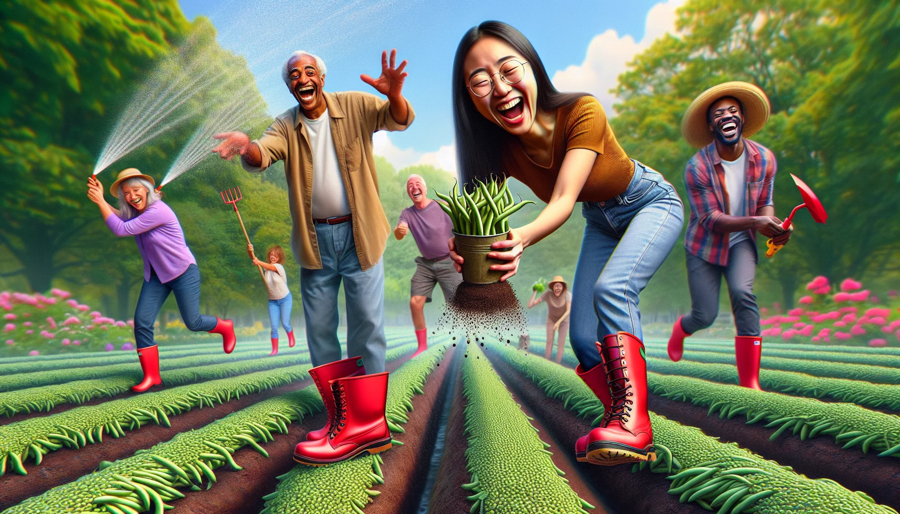 Imagine a park filled with jovial gardeners of different genders and descents. A young Asian woman playfully tosses bush bean seeds into a patch of soil, her eyes gleaming with joy. Behind her, a Hispanic man chuckles while trying to prevent a sprinkler from watering his red gardening boots. Closer to the foreground, a Black woman breaks into infectious laughter as she realizes she's planted a line of beans in a zigzag pattern. This image should be a vibrant, hyper-realistic depiction of the joy of gardening with a humorous twist.