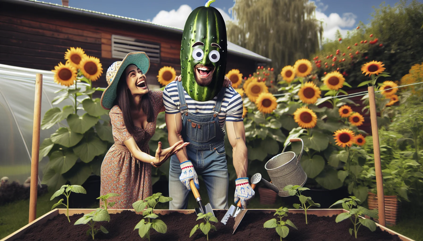 Create a humorous and realistic image that presents a gardening scenario. In this setting, a tall Caucasian male, sporting a striped shirt and denim overalls, is enthusiastically planting cucumber seeds in a garden patch purchased from a home improvement store. To add a fun element, he wears a big smile and a comical cucumber-shaped hat. He's being encouraged by a petite Middle-Eastern female neighbor wearing a floral dress and a sunhat, giggling at his unique hat while pointing at it with a wrist covered with gardening gloves. The background is filled with loads of sunflowers and tomato plants, adding more color and vibrancy to the scene. This scene is meant to entice viewers with the joy and fun of gardening activities.