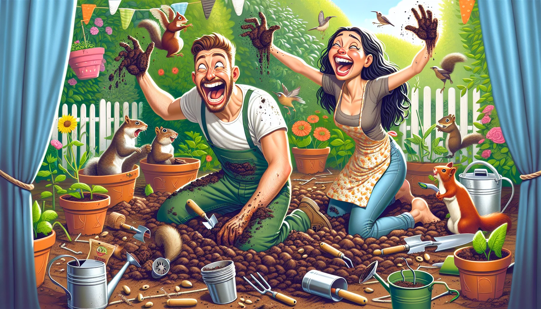 Create an amusing and engaging scene that showcases the joy of gardening. Picture a Caucasian man and a Middle-Eastern woman, both untidy but enthusiastic, surrounded by a mess of gardening tools, but laughing heartily. They're knee-deep in soil, struggling enthusiastically to plant snap peas into small starter pots. Around them, squirrels and birds are playfully digging and burying seeds in the ground, adding to the chaotic fun. This should be a sunny, lively garden scene, filled with humor and a touch of the absurd to make planting snap peas an enticing activity.