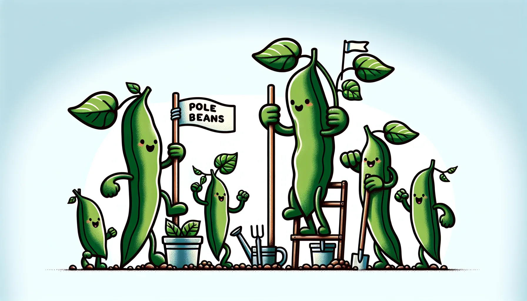 Create a humorous and realistic gardening scene with pole beans and bush beans engaged in a friendly competition. The pole beans, growing tall and slender, are carrying flags for height, while the bush beans, staying low but spread out, are showcasing their compact growth habit with a banner. There are gardening tools and plants scattered around, underscoring the fun and joy of gardening.