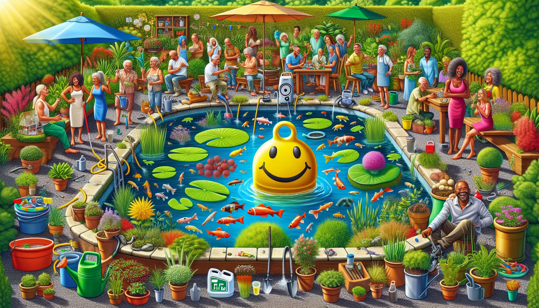 A humorous gardening scenario that illustrates pond pH balance tips. In the center of this image is a vibrant, well-maintained garden pond full of different aquatic plants, glistening under the warmth of a sunny day. The pond's water is crystal clear and the pH balance is indicated by a floatable buoy with a happy face, showing an ideal pH level. A diverse group of people of different genders and descents, such as Black, Middle-Eastern, and South Asian, are gathered around, participating enthusiastically. They are engaged in various gardening activities while playfully interacting with oversized, caricatured gardening tools and products. This scene is designed to make gardening look enjoyable and appealing.