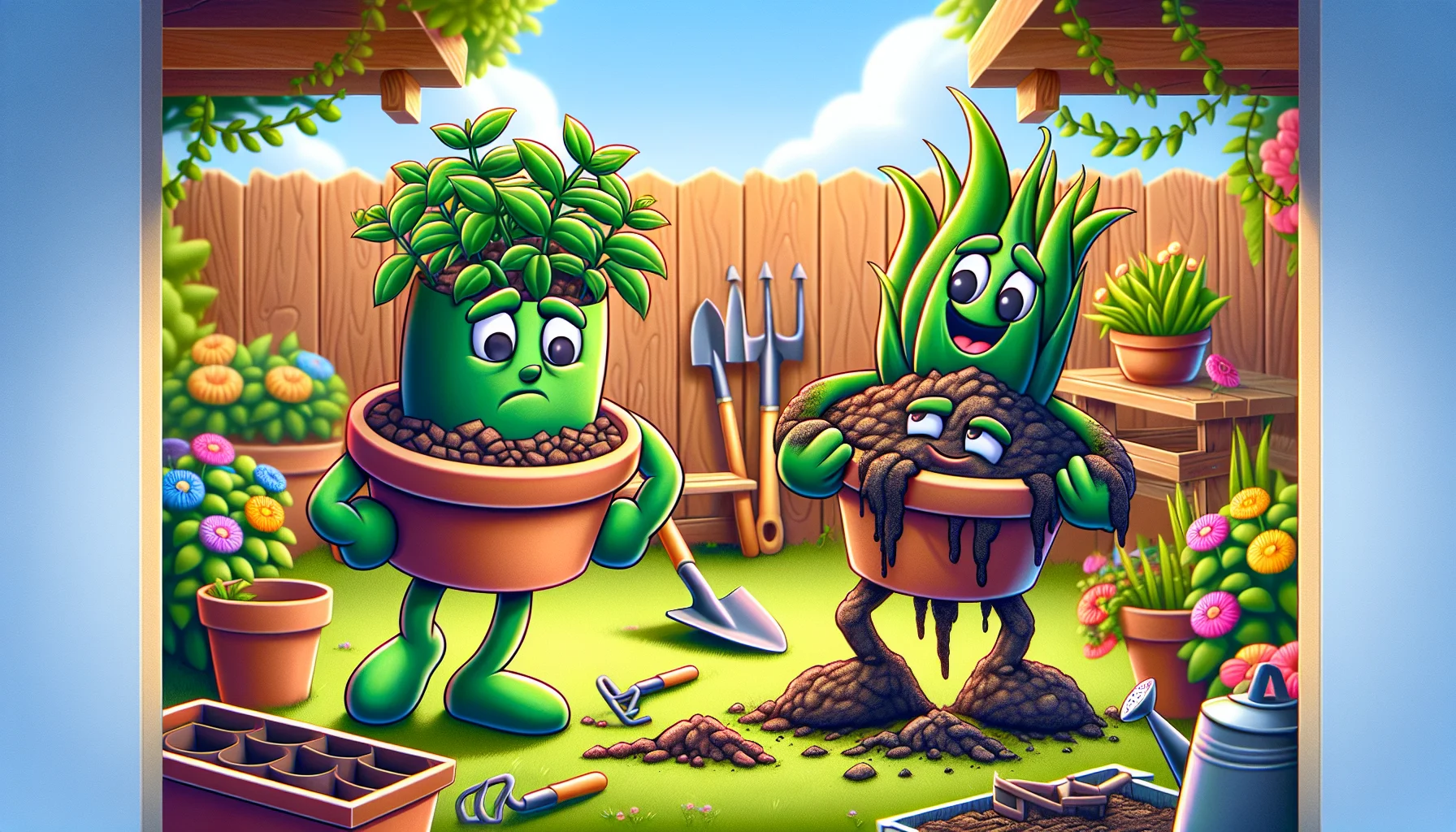 Make a lighthearted and humourous image depicting the differences between potting mix and garden soil in a gardening setting. In it, depict the potting mix and garden soil as animated characters with expressive faces. The potting mix should be proudly showing off a potted plant with lush, healthy green leaves, while the garden soil is struggling to lift a wilting plant in a garden setting. The backdrop should be a sunny garden with a variety of colorful flowers, garden tools scattered around, and a wooden fence. This image should spark joy and encourage viewers to find the fun in gardening.