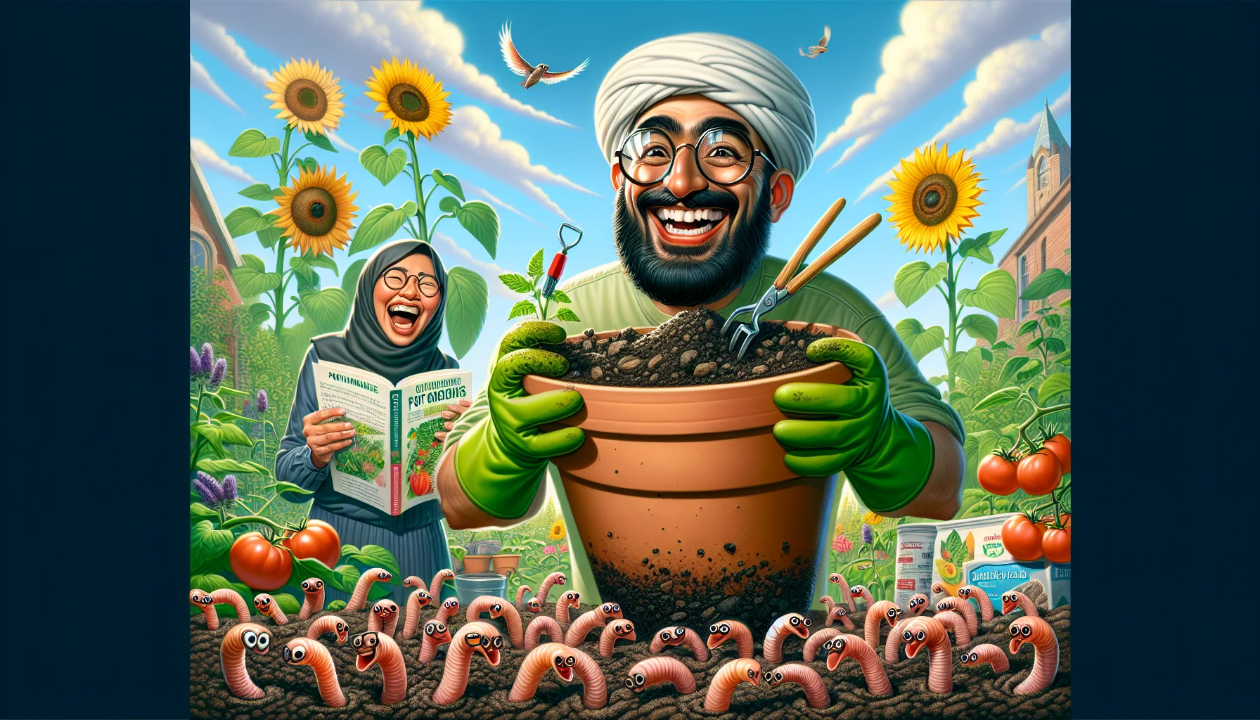 A caricature portrayal of a comedic gardening scenario. A Middle-Eastern male gardener, with a big smile and oversized gloves, is enthusiastically mixing a combination of organic materials, peat moss, and perlite into a large, exaggeratedly immense flower pot, surrounded by a flock of inquisitively watching earthworms donning glasses and reading books on Potting Soil Basics. His South Asian female companion, laughing and holding a bunch of healthy seedlings ready to be potted, joins this lighthearted, inviting scene of an urban garden. The backdrop is filled with towering sunflowers and tomato vines reaching up to a clear sunny sky.