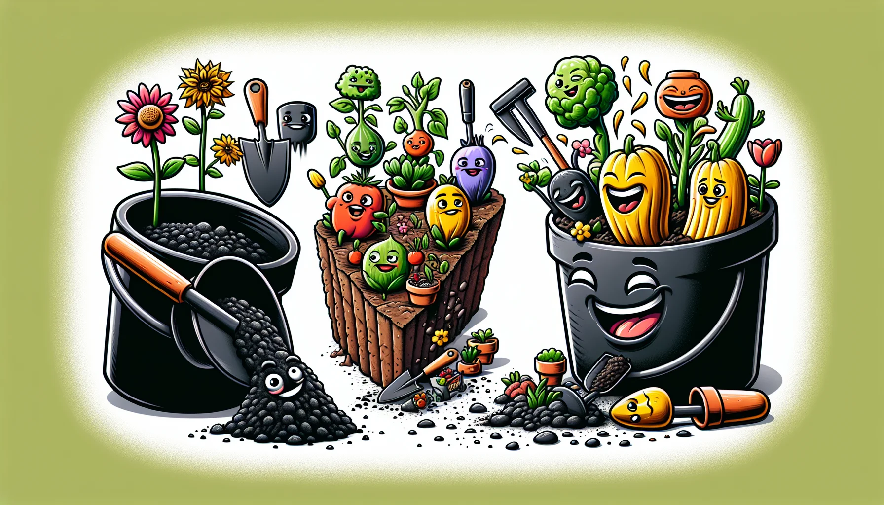 A humorous and engaging scene depicting the comparison between potting soil and garden soil. On the left, there's a black pot spilling potting soil, personified with an animated face, winking at a group of potted flowers that seem to be thriving. On the right, a patch of garden soil, also personified with a face, chuckles while an array of different vegetables grow vigorously out of it. Diverse garden tools are cheering in the background, which adds a playful vibe to the scene. This is designed with the aim of inspiring interest in gardening.