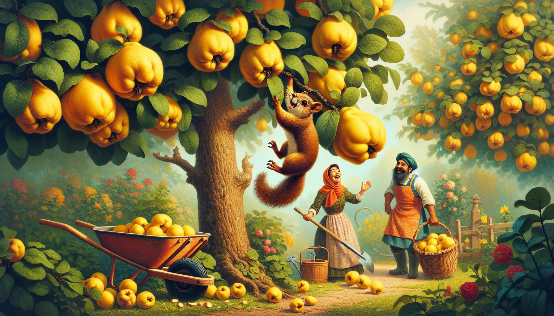 Delight in a whimsical scene capturing the joy of quince season. Envision a lush garden abundant with ripe, golden quince fruits hanging heavily from the trees. A mischievous squirrel, brown and fluffy, is trying its best to clamber up one tree but keeps sliding down due to the weight of a huge quince it's holding in its paws. Nearby, a South Asian man and a Hispanic woman, both dressed in typical gardening clothes, are watching this spectacle and can't help but laugh heartily, their faces lit up with amusement. Their wheelbarrow, spade, and watering can signal their love for gardening. This scene perfectly captures the humor and magic wrapped in nature's gifts and the joy of gardening.