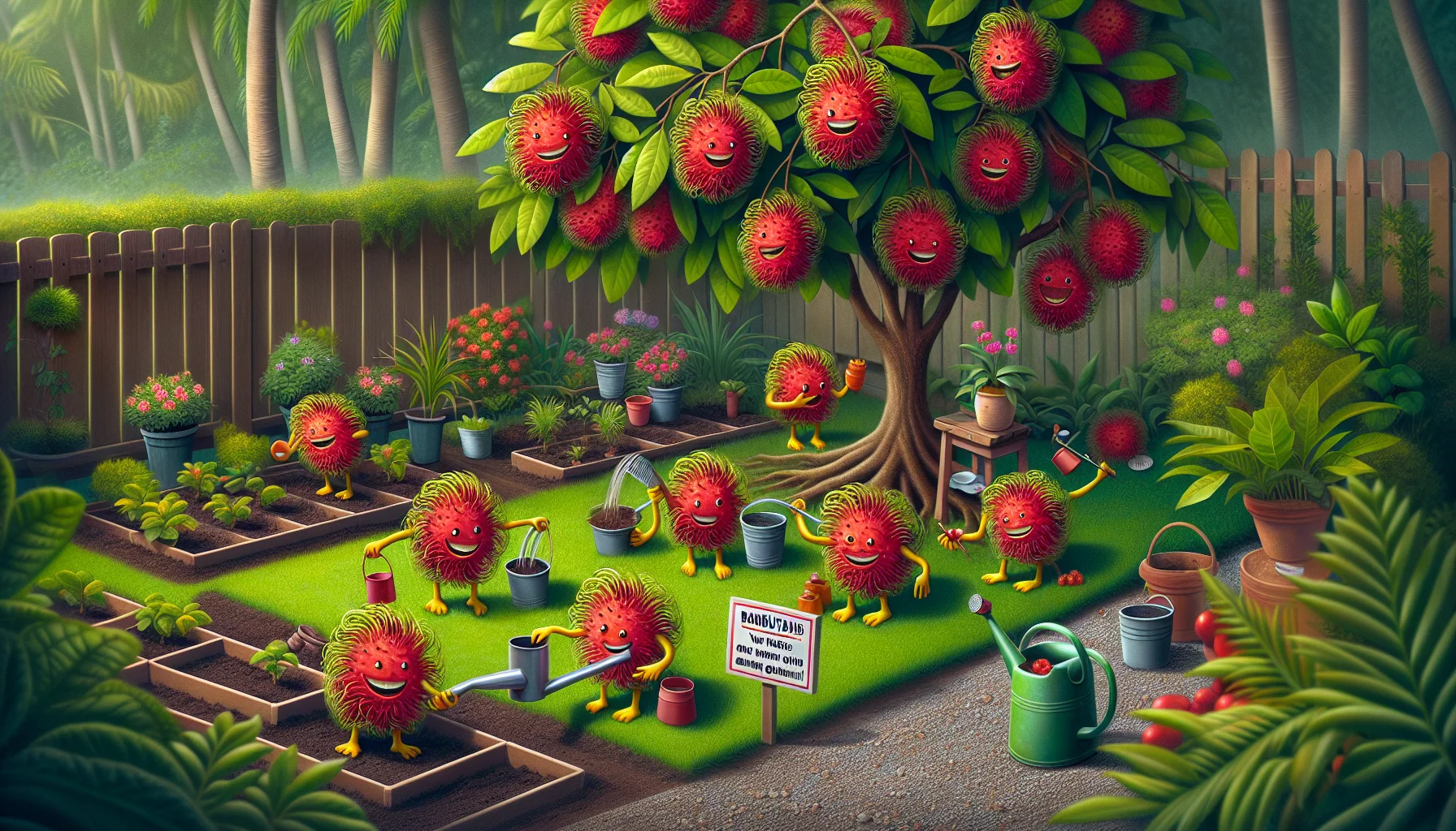 An amusing and realistic illustration showcasing the benefits of the rambutan fruit in a gardening context. The scene depicts a well-retained garden with a variety of plants including a rambutan tree laden with ripe, vibrant red fruits. Several fruits have fallen on the ground and have comically sprouted hands and feet, happily engaging in gardening activities like watering plants and planting seeds, demonstrating their nutritional value. A signpost nearby humorously states 'Rambutans - Your helpers in growing vibrant gardens!'. The image is designed to encourage people to take pleasure in gardening while also promoting the benefits of the rambutan fruit.