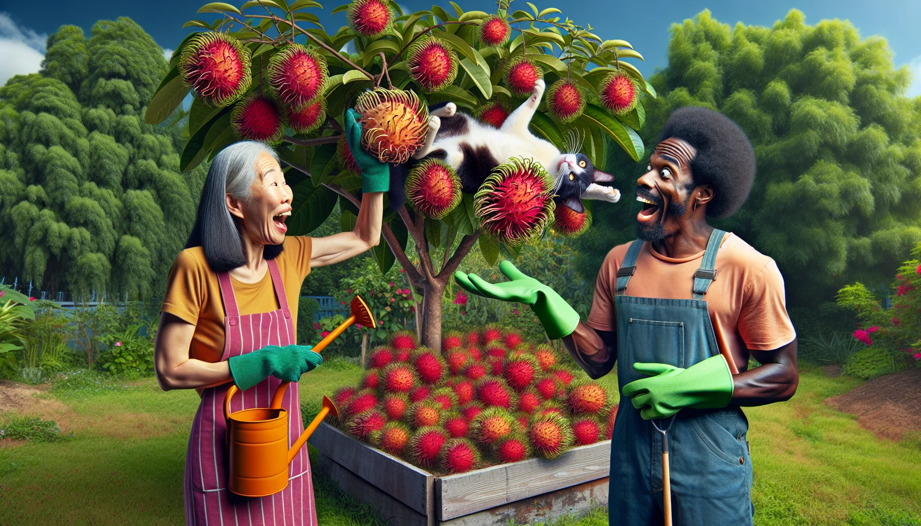Imagine a humorous garden scene meant to evoke the enticing flavor of rambutan. In the heart of the garden, there is a giant, vividly colored rambutan tree bearing ripe fruit. An East Asian woman and a Black man, both hobbyist gardeners, are shocked and delighted by the sight of a cat, upside down with a rambutan stuck on its paw, trying to shake it off. They're enjoying the moment, laughing and pointing at the spectacle, their green gloves and tools in hand. The woman holds a watering can, and the man has a trowel. Their joy and amusement serve as a playful invitation to the joys of gardening and unique flavors.