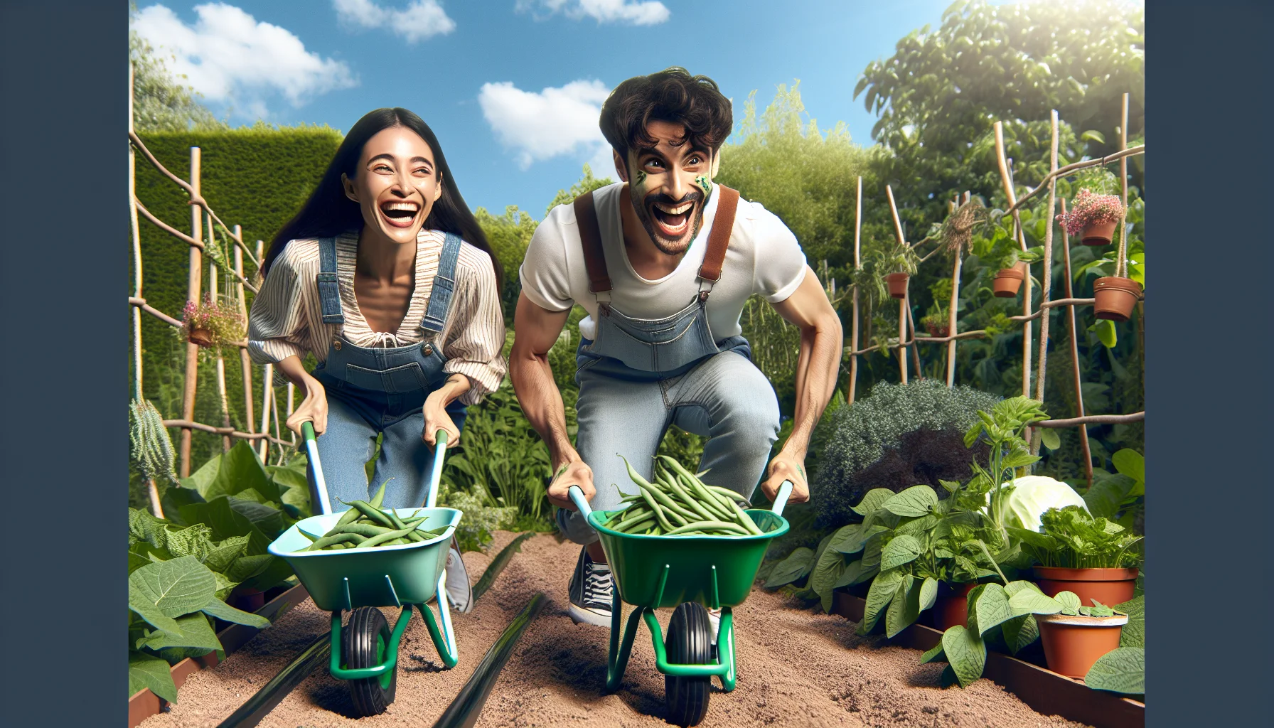 Depict a humorous and charming scene where a South Asian woman and a Caucasian man, both dressed in casual gardening outfits, are in the midst of a lively garden. They're having an unusually competitive race with small wheelbarrows overflowing with raw green beans. Their jovial expressions and animated movements suggest that they're greatly enjoying their time. Include lush, verdant foliage of various other plants surrounding them, to stress the beauty and joy of gardening. A bright, sunny day with clear blue sky adds to the overall pleasing tone of the scene.