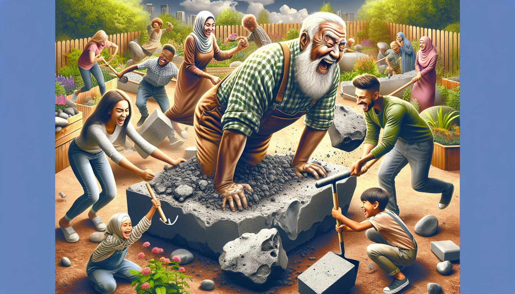 Depict a whimsical and energetic scene in a garden where concrete is being recycled innovatively. Show a variety of people of different descents such as Black, Hispanic, and Middle-Eastern, both male and female, participating in this activity, laughing, and clearly enjoying themselves. They could be using chunks of concrete as planters, decorative rocks or pathway stones in the garden. Add a dash of humor by featuring a sprightly old man attempting to balance himself atop a giant piece of recycled concrete, while children around him joyfully help plant flowers in it.