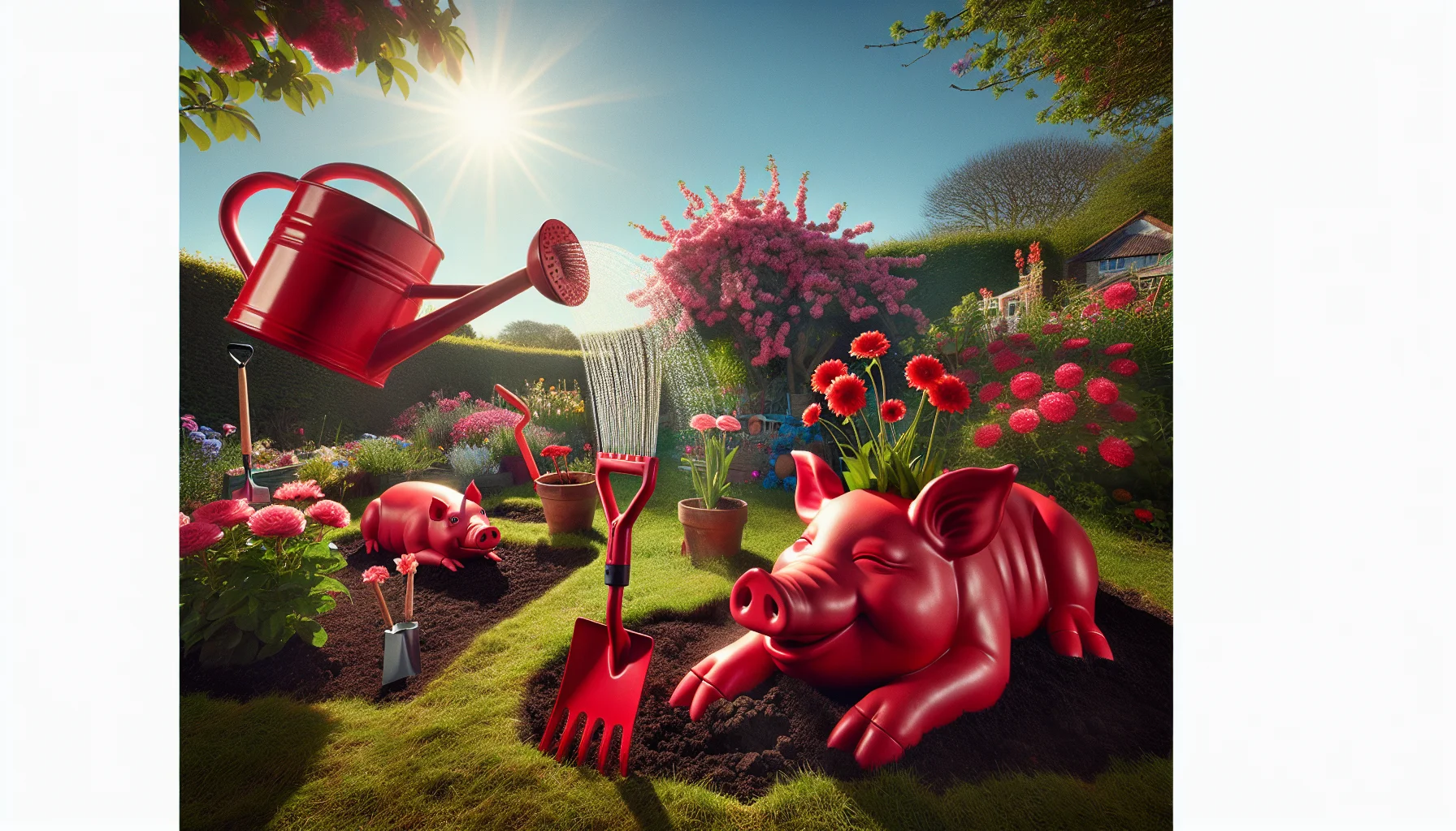 Imagine a comical scene in a blooming garden under a sunny sky, where garden tools have been hilariously repurposed. Picture a vibrant red pig-shaped watering can showering flowers, its snout serving as the spout. Nearby, a red pig-shaped trowel is 'digging' into the soil, evoking laughter due to its absurd but creative use. Another tool, a rake designed like a lounging red pig, seems to be 'combing' through the grass. This picturesque and humorous tableau serves to pique interest in gardening and bring joy to the observer, highlighting how everyday objects can inject fun into routine tasks.
