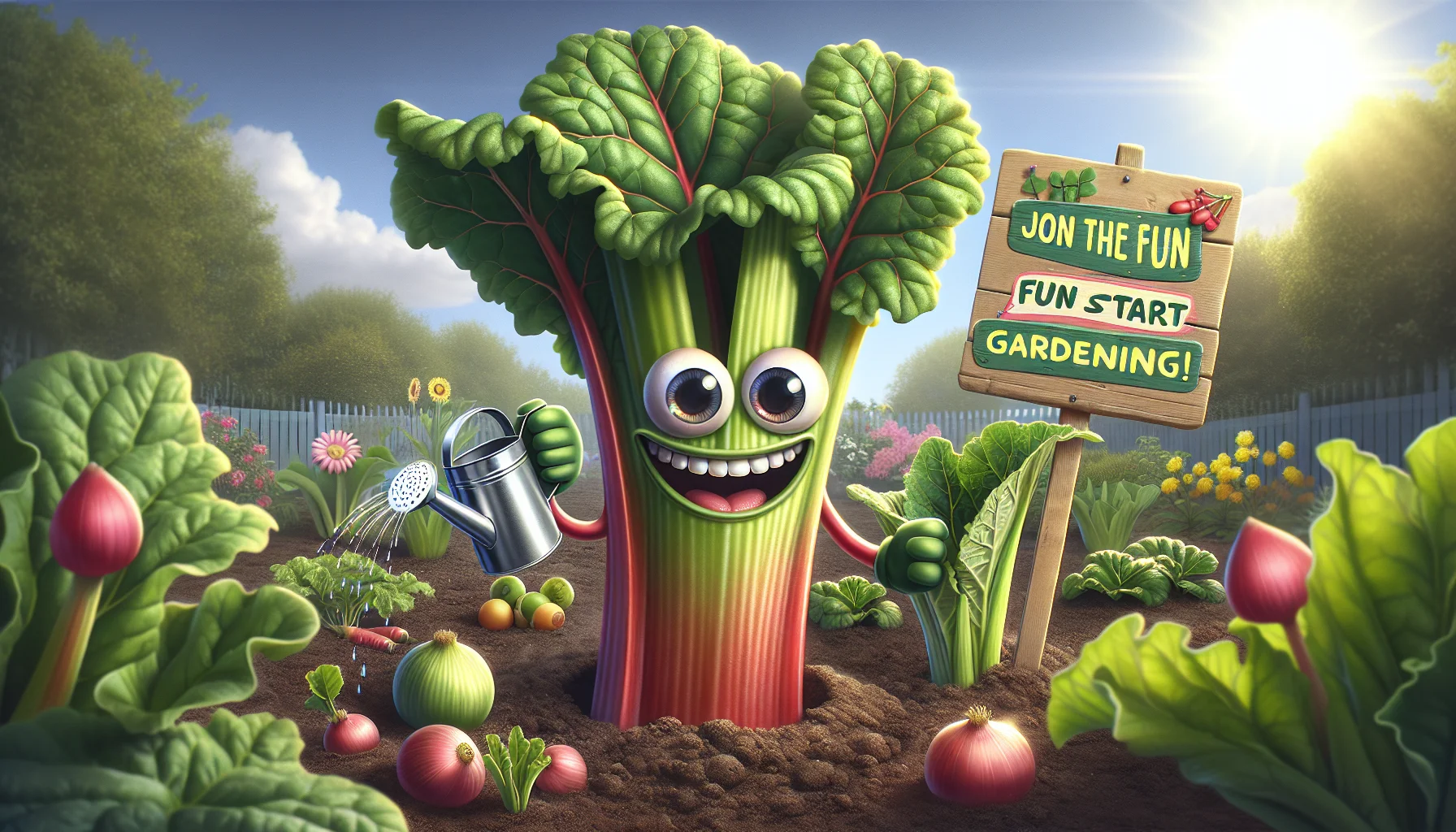 Realistic illustration of an anthropomorphized Rheum Rhabarbarum (rhubarb plant) in a garden setting. The rhubarb sports googly eyes and a wide, infectious grin that expresses humor and exuberance. It is holding a tiny watering can in one leaf and a sign reading 'Join the Fun, Start Gardening!' in another. Surrounding it are a variety of other thriving plants, the soil is freshly tilled, and the sun is shining brightly high above. The scene is brimming with the pleasures and benefits of gardening, encouraging onlookers to take up the hobby.