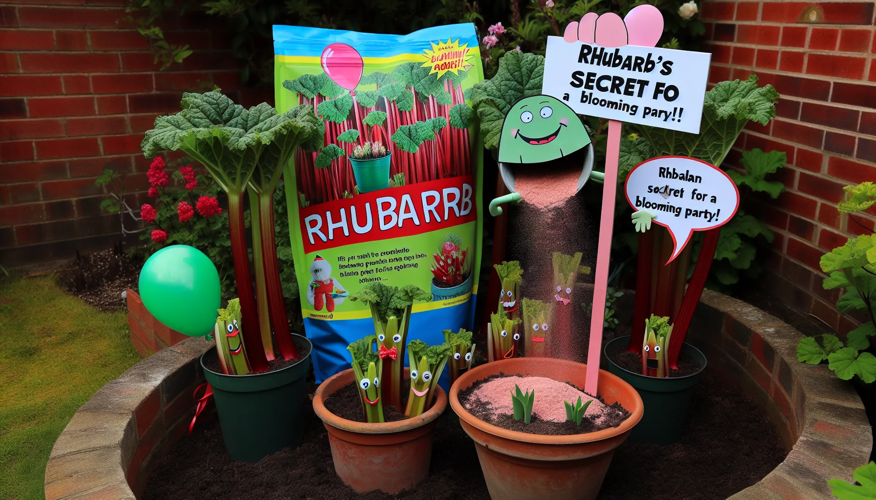 Imagine a humorous scene in a home garden. A bunch of rhubarb plants seem to be having a party, with little cartoon faces, party hats, and balloons. Near them, a bag of rhubarb fertilizer is displayed, looking like a much-adored celebrity. The bag is decorated with bright colors and a charismatic mascot, which is laughing and sprinkling fertilizer like it's stardust, making the plants even happier. A sign next to the bag reads 'Rhubarb's Secret for a Blooming Party!' This unique scenario showcases the fun and joy of gardening as an activity.