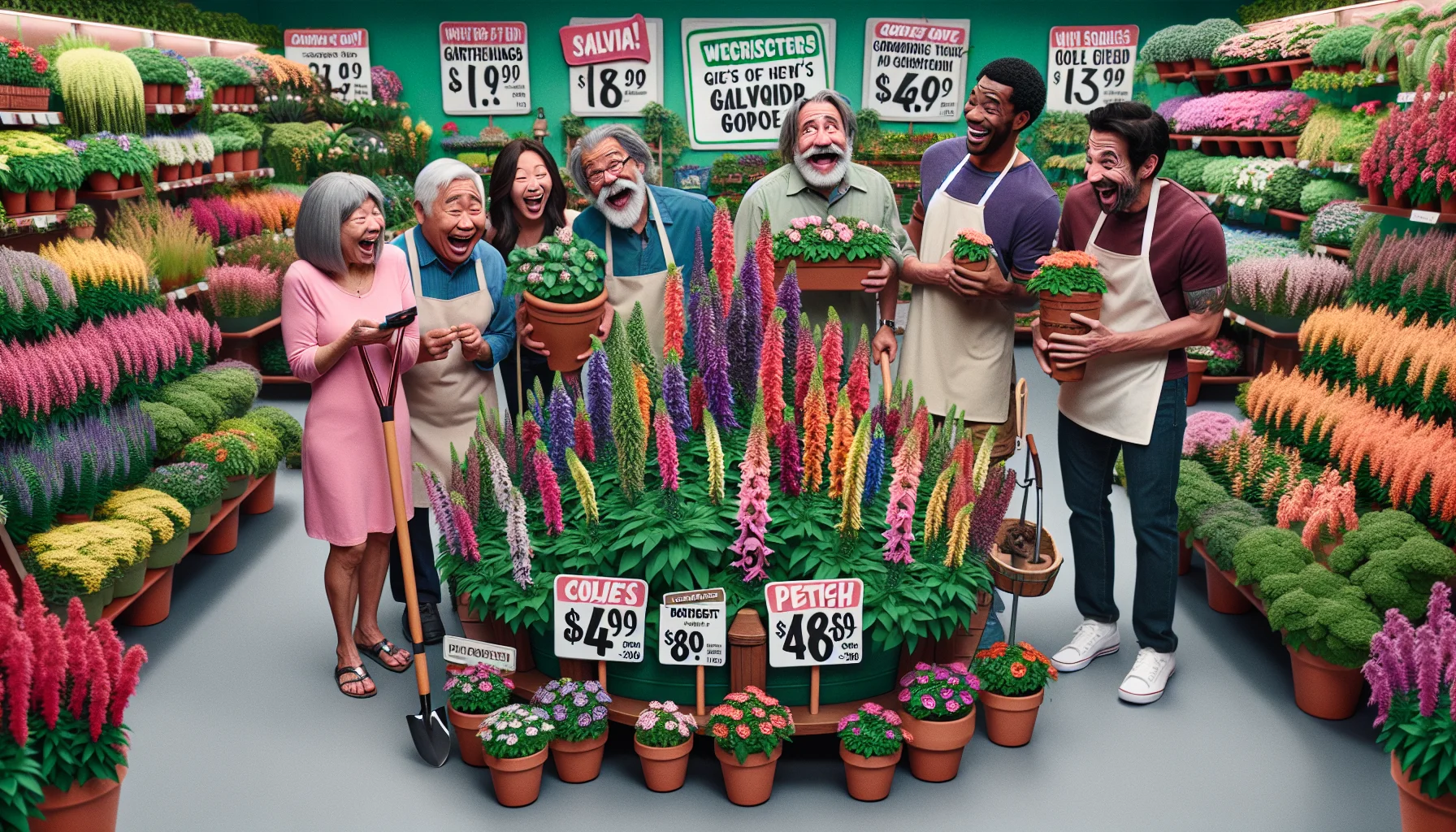 Show an amusing and lively scenario at a gardening store. The centerpiece is a vibrant, abundant display of Salvia plants in diverse varieties and colors, complete with clever price tags and funny signage about their benefits. Patrons of different ages, genders, and descents - including an elderly South Asian man, a young Hispanic woman, a middle-aged Black man, and a teenage Caucasian girl - are seen being irresistibly drawn to the Salvia. Their expressions of delight and surprise, coupled with gardening tools and flowerpots in their hands, mirror a newfound love for gardening.