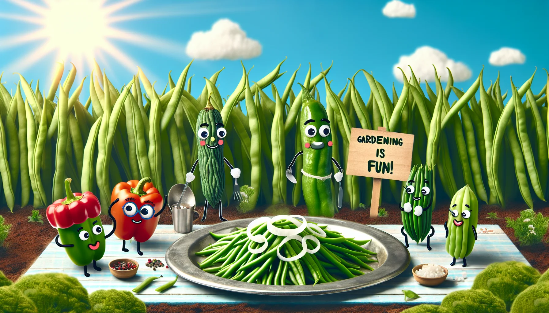 Create an image showcasing a hilarious scene of bright green beans sautéed with white onions served on a silver platter. The setup is a vibrant garden where plants sway slightly under a beaming sun in a clear sky. In the midst of this, a few caricatured personified vegetables, including a piquant pepper lady and a cutesy cucumber kid of unspecified descents, are encouraging others to engage in gardening. To the side, a small sign reads 'Gardening is Fun!' in quirky hand-drawn font style, nudging viewers softly towards taking up gardening.