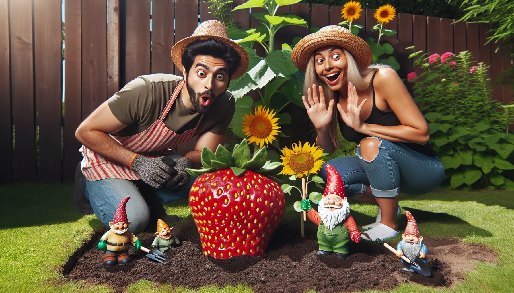 Picture a humorous scene taking place in a sunny and verdant backyard garden where a Middle-Eastern man and a Hispanic woman are involved in a quirky gardening activity. They are both pleasantly surprised to discover oversized fruits growing in peculiar ways. One fruit, a giant strawberry, is seen peeking out from behind a garden gnome, as if it's shy. Another, a huge pineapple, is sprouting from a sunflower stem, defying all logic. The man and woman are wearing typical gardening gear: gloves, hats, casual clothes splattered with soil, and their faces express joyful astonishment at their secret, fantastical harvest.