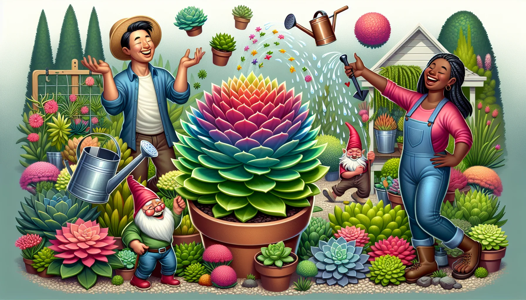 Design a brilliantly humorous and realistic image illustrating the care of sedum succulents in a gardening context. The focus of the image should be a multicolour Sedum succulent, and with it, scene includes an Asian man who is juggling watering cans while taking care of the plant and a Black woman laughing and planting additional succulents. To encompass the charm of gardening, there might be a dancing gnome nearby, join into the hilarity. Ensure that the environment around them reflects a beautiful, well-kept garden, blooming with plants of different varieties and colors.