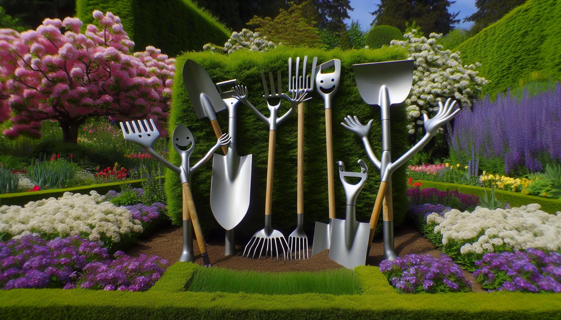 Generate a humorous scene situated in a lush, well-kept garden. The centerpiece is an enlistment of gardening tools: a shovel, a rake, and a pair of pruners, all sharpened to precision. These tools are anthropomorphically arranged as if they are joyfully dancing among the blossoming flowers and greenery. Their edges glimmer in the sunlight, signaling their readiness for action. This whimsical, lighthearted representation aims to invoke laughter and enthusiasm for the process of gardening among viewers.