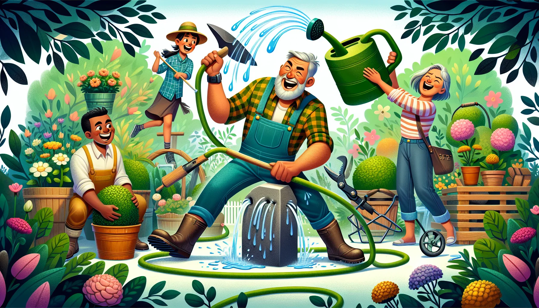 Illustrate a playful scene in a lush, vibrant garden. In the center, a middle-aged Caucasian male farmer is sharpening his garden tools, such as spades, hoes, and pruning shears, with an exaggerated, oversized whetstone. Next to him, a young, South Asian girl is holding a watering can twice her size, grinning as she struggles to lift it. An older, Black woman is laughing while wrestling with a rebellious garden hose that sprays water in random directions. To add fun elements, include a Hispanic male teen trying to balance a stack of flower pots on his head. This image encapsulates the joyful, adventurous spirit of gardening.