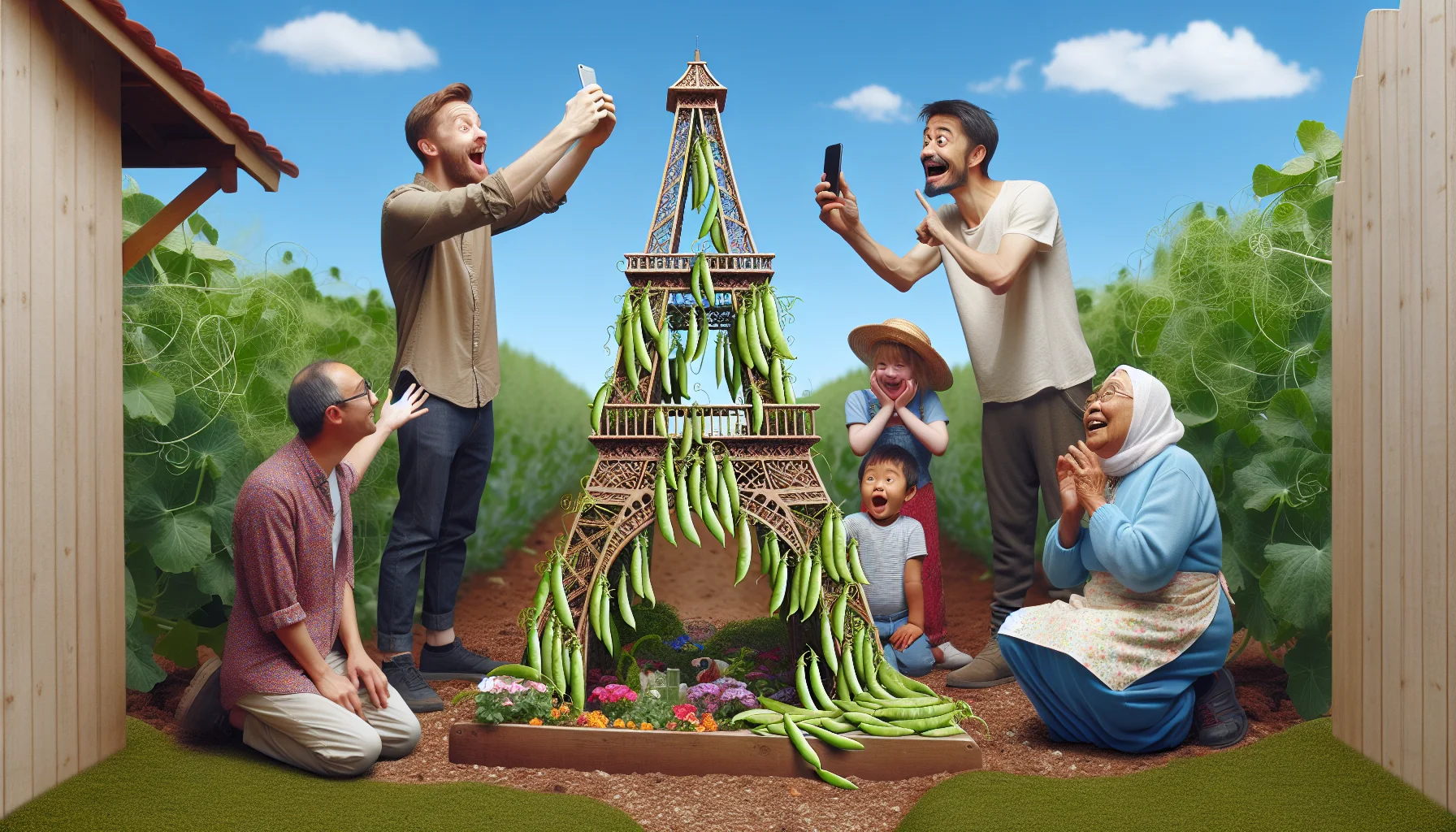 Create a humorous and realistic scene centered around a snap pea trellis in a garden. Imagine the trellis is fashioned to resemble a famous tourist attraction like the Eiffel Tower, with ripe snap peas cascading down its structure, catching the attention of a diverse range of people who are passing by. A Caucasian male is attempting to capture a selfie, while a South Asian female is cheerfully picking some peas. A Middle-Eastern child is wide-eyed, marvelling at the structure, and a Hispanic elderly woman is lovingly tending it. Let this lighthearted scene encourage the joy of gardening.