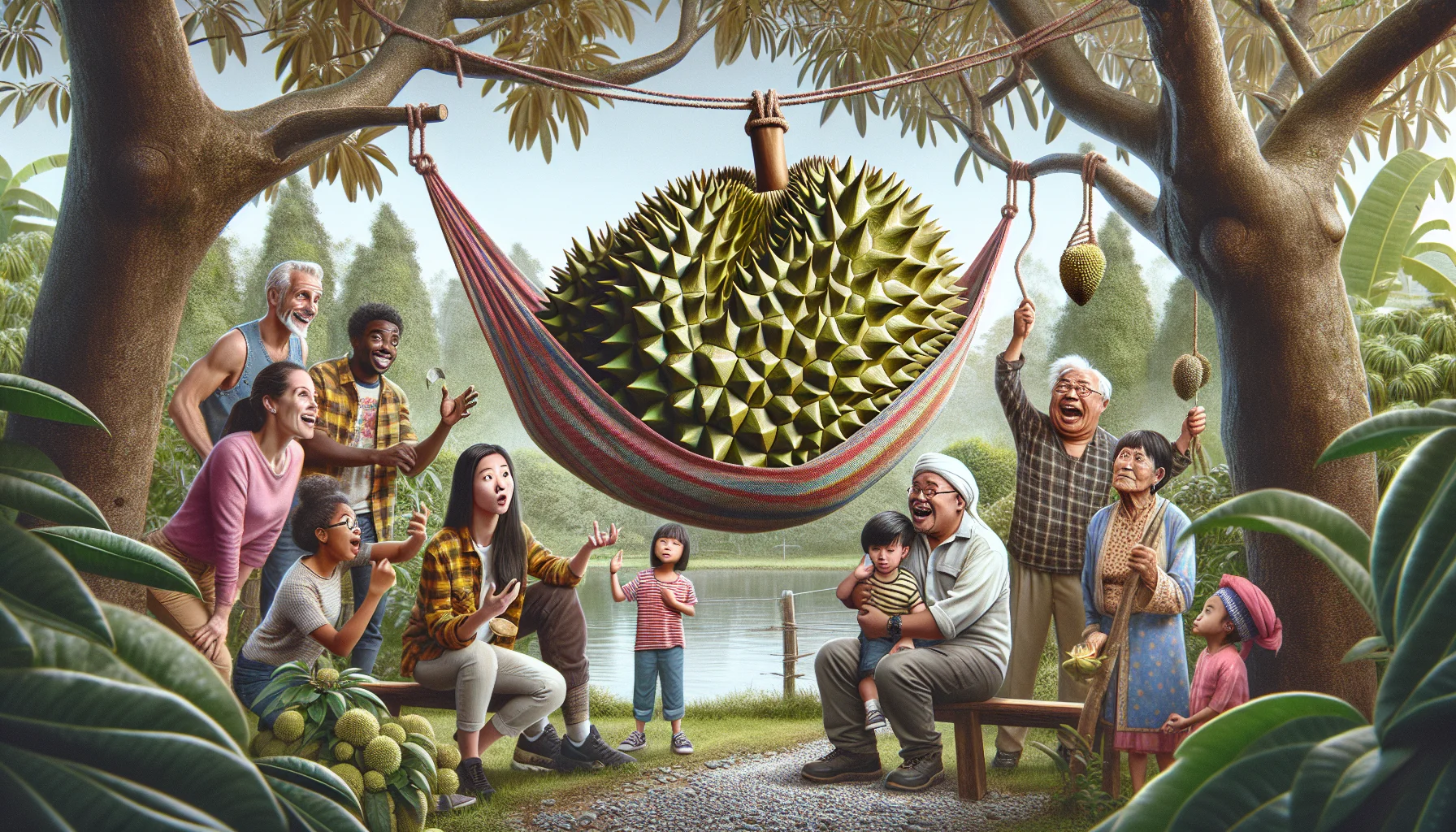 Imagine a comical gardening scenario where unusual, spiky, or 'spiney' fruits are the stars of the show. In the heart of the garden, there's a large, robust, spiky durian suspended in a hammock tied between two tree branches. A diverse group of people, consisting of a Caucasian woman, a Black man, a South Asian child, and a Middle-Eastern elderly man, can be seen gathered around it in fascination and amusement. Their expressions are ones of surprise, laughter, and curious delight. This scene communicates the charm and joy of gardening, encouraging garden enthusiasts to appreciate even its most bizarre offerings.