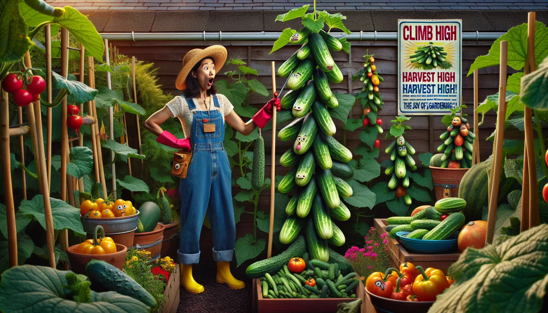 Create a humorous and realistic scene set in a vibrant backyard garden. In the center, a female South Asian gardener wearing straw hat, denim overalls, and bright red gloves is busy staking a towering cucumber plant that has grown as tall as a beanstalk. Her surprised expression hints at the absurdity. Among the ripened cucumber fruits, some wear cartoonish faces, and one is even donning a tiny top hat. To the side, a poster stands, saying 'Climb High, Harvest High - The Joy of Gardening!' Attractively arranged various vegetable plants surround the scene, staining the garden with bold summer hues.