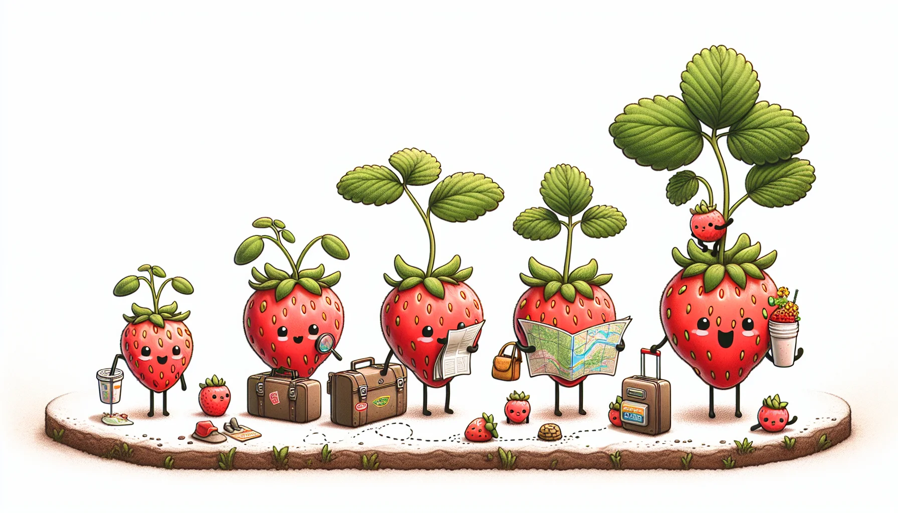 Depict a humorous and engaging scene that inspires people to indulge in gardening. In the middle, show a row of cute strawberries growing from seedlings to fully ripe fruit. Each stage of growth is characterized like a journey with the smallest seedling packing a suitcase to start its adventure, a middle-sized sapling reading a map, and the largest mature fruit digging into a mini cooler for a much-deserved picnic treat.