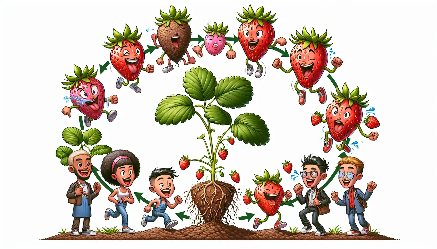 Create a detailed and realistic image of the life cycle of a strawberry plant, presented in a humorous manner to encourage an appreciation for gardening. The image should start with a seed, then depict it sprouting into a tiny plant, which grows into a mature strawberry bush with ripe, red fruits. Add comical elements such as the seeds eagerly jumping into the soil, the plants flexing their 'muscles' as they grow, and ripe strawberries showing gleeful expressions as they become ready for harvest. Depict a diverse range of people from different descents such as Caucasian, Hispanic, Black, Middle-Eastern, and South Asian, all portrayed in a lighthearted manner, chuckling and enjoying the sights of this fun strawberry plant's journey.