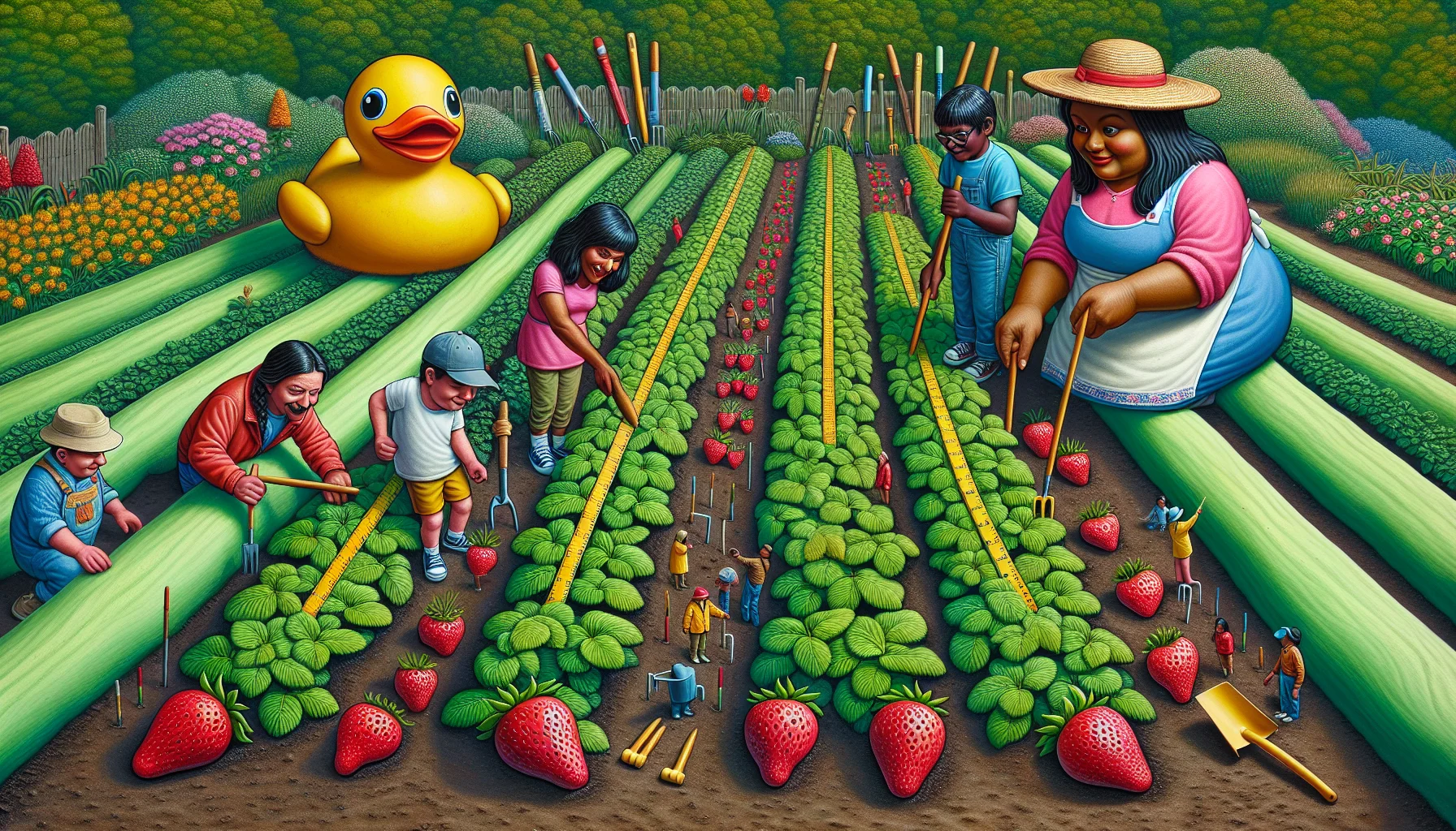A whimsical, detailed scene of a garden. A family, consisting of a middle-aged Hispanic woman, a South Asian teenager and a black child, are engaging in gardening. Laid out in front of them are rows of strawberry plants. The rows are humorously measured using quirky items like oversized rubber ducks and giant pencils instead of garden tools. The strawberry plants are spaced perfectly apart, illustrating a guide to proper strawberry planting. The expressions of the family members communicate joy and amusement, subtly enticing viewers to take part in the fun of gardening.