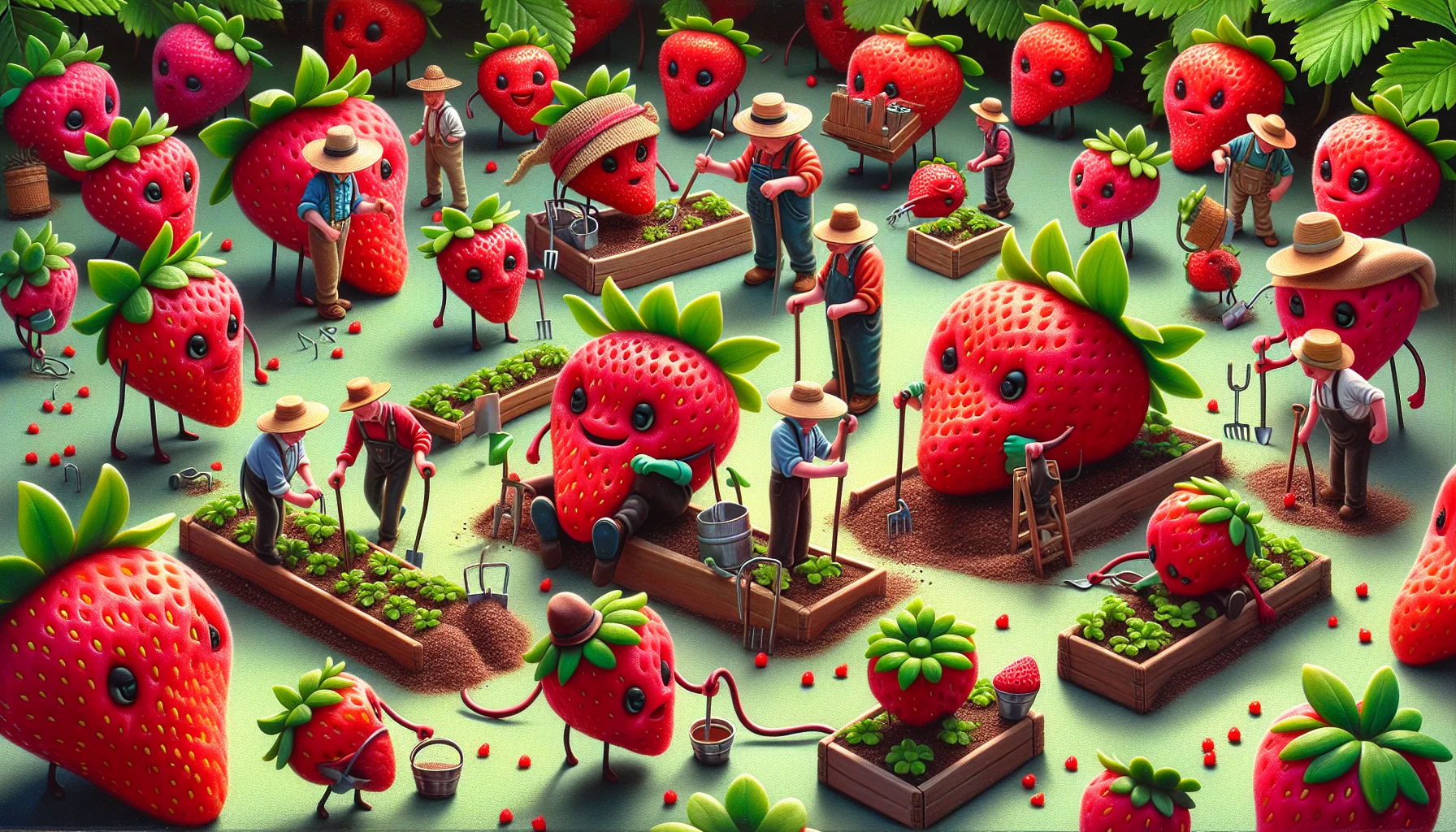 A delightful farming scene showcasing different strawberry species engaging in humorous antics in a garden setting. These tiny characters with their bright red bodies and green leaves act as if they have their own lives. Some can be seen wearing gardening hats, wielding mini tools, while others are energetically throwing seeds around. Display them having small, vivid conversations, alluding to their passion for gardening. This surreal portrayal should emphasize the joy and charm of gardening, encouraging people to take part in this rewarding activity. Please maintain a realistic style with vibrant colors and fine details.