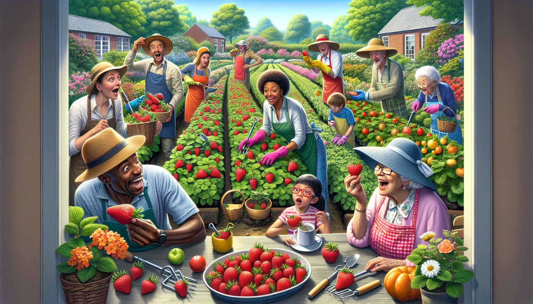 Imagine a humorous gardening scenario where a perfectly common strawberry has been mistakenly recognized as a rare vegetable. This bizarre situation unfolds in an idyllic garden, surrounded by an array of beautiful flowers, flourishing greenery, and various other fruits and vegetables. People of different descents, including a Caucasian man, a Black woman, a South Asian child, and a Hispanic elderly lady enthusiastically attend to the plants in their sun hats and colorful aprons, each of them holding different gardening tools. Their expressions of surprise, perplexity, and laughter emphasize the amusing mood. This scene encourages onlookers to enjoy the charm and unexpected humor of gardening.