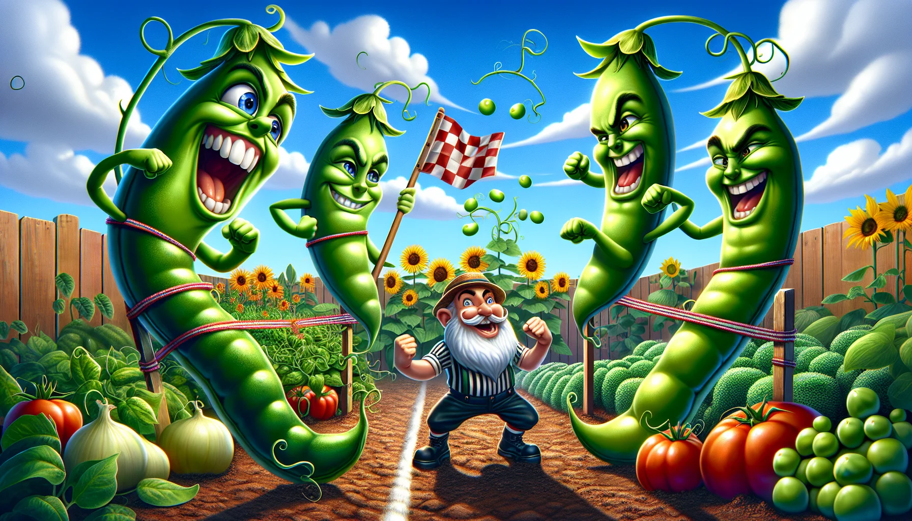 An enticing image showcasing a humorous gardening scenario. Picture an amusing competition between sweet peas and green peas, each portrayed with cartoon-like sentience. On one side, the sweet peas, grinning widely, cling to a trellis, their vines reaching high into the cloudless blue sky. On the other side, the green peas, flexing their pods, grow compact and bountiful in the enriching soil. A cheeky garden gnome referee in the middle watches the race. The garden is vibrant and sunny, filled with other fruits and vegetables, and a background of towering sunflowers. This image exudes the joy and fun of gardening.