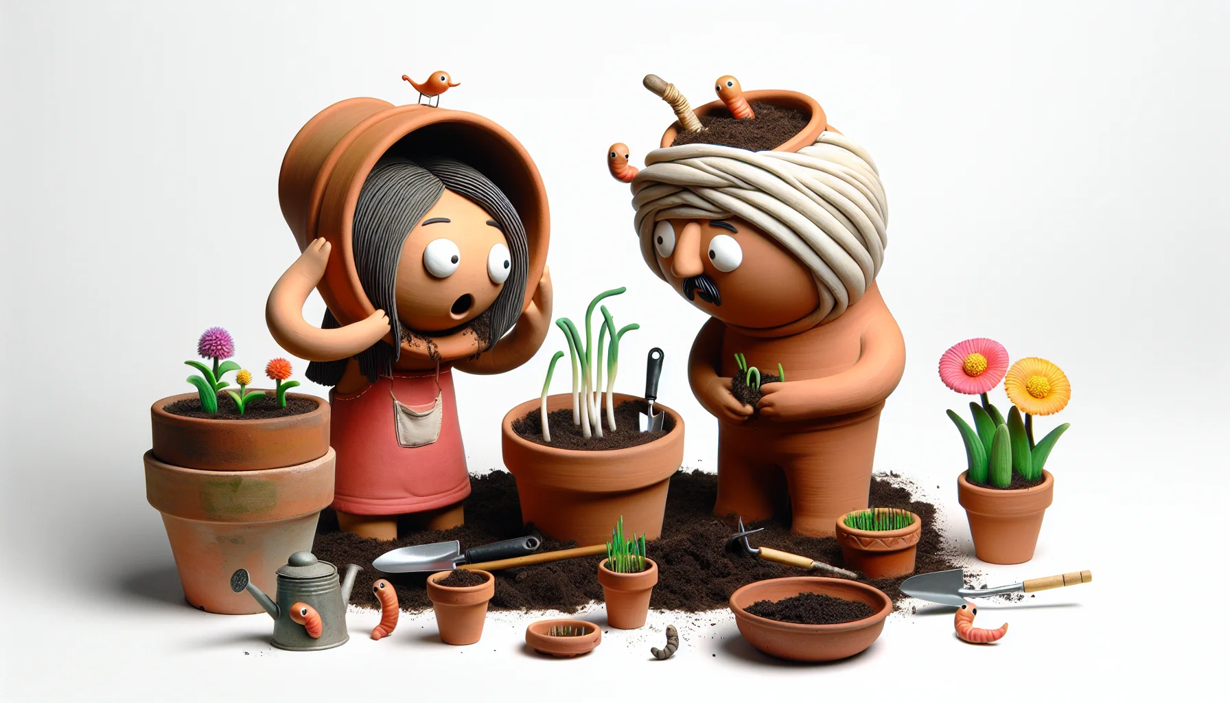 Generate an imaginatively funny and realistic scene featuring Terra Cotta Pot People encouraging gardening. Picture this: an Asian female and a Middle-Eastern male Terra Cotta Pot person are attempting to plant seeds in one another's headpots instead of the potting soil by their side. Add subtle details like tiny gardening tools, sprouts in some pots, multicolored flowering plants around, and perhaps a bemused Earthworm inspecting their antics. The playful representation should inspire people to appreciate and enjoy the process of gardening.