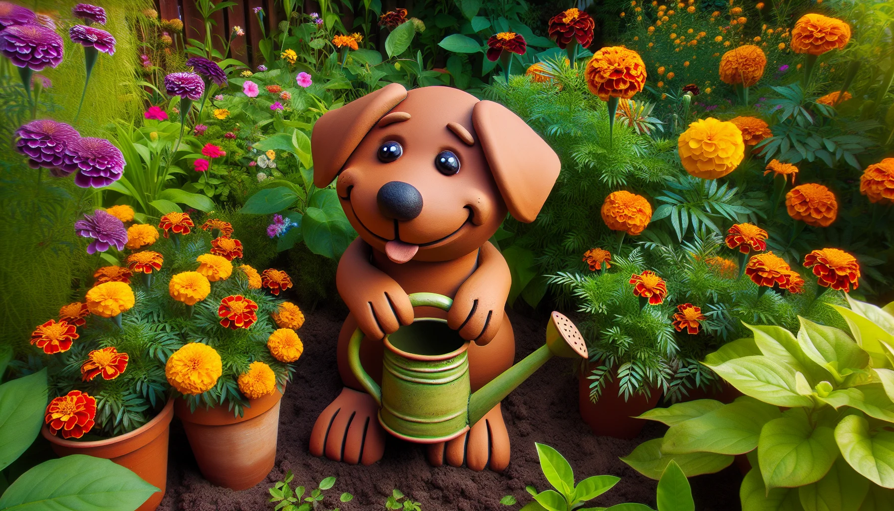 Generate a humorous and realistic image where a terracotta clay pot is creatively transformed into the shape of a cheerful dog. The setting is a lush backyard garden filled with bright flowers and thriving plants. The clay pot dog is whimsically placed among the foliage, amusingly attempting to 'water' a patch of marigolds with a miniature watering can held in its clay paws. The vivid colors and funny scenario should inspire a feeling of joy and entice viewers to take up the hobby of gardening.