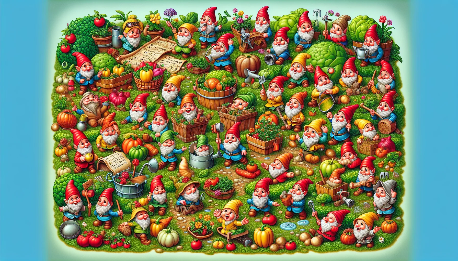 Generate an image showing a humorous and captivating garden scene filled with various small, colorful garden gnomes. These gnomes are showcasing their charm and wit, engaged in several amusing actions that resemble gardening tasks. They’re making the viewers feel encouraged and interested in gardening. Some gnomes could be seen struggling with oversized vegetables, others following a treasure map that leads to a flower pot, or tripping over a watering can, all wrapped in a fun loving and bubbly atmosphere.