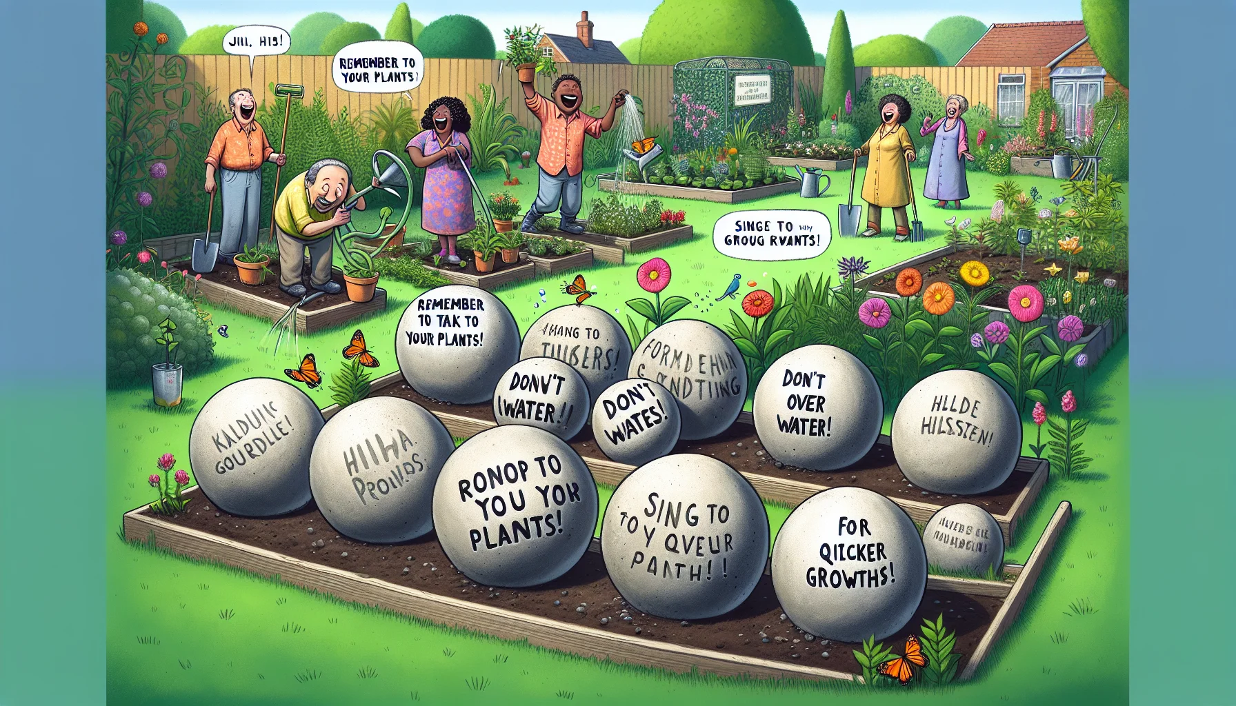 Illustrate an amusing scenario in a garden setting, aiming to attract people to the joys of gardening. In the forefront, show a series of concrete garden spheres. They should be various sizes and display quirky 'how-to' advice written on them. For instance, one could say 'Remember to talk to your plants!', another might instruct 'Don't overwater!', and another could advise 'Sing to your plants for quicker growth!'. The background should be a well-tended garden with lush vegetation, blooming flowers, and a diverse representation of people laughing and enjoying gardening activities - a Caucasian man watering a flowerbed, a Black woman planting a sapling, a Middle-Eastern child chasing butterflies, and a Hispanic lady trimming a hedge.