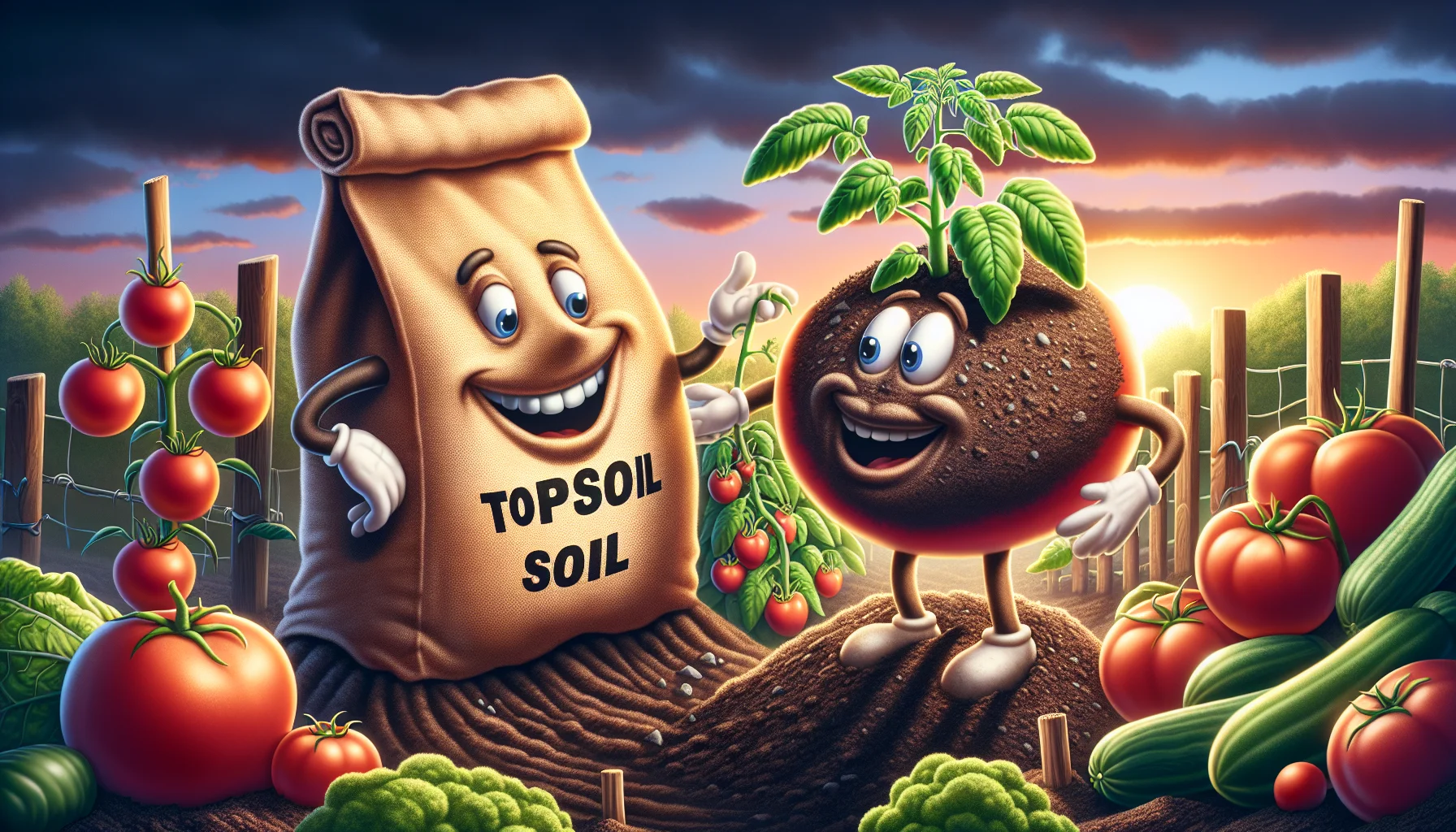 An amusing and naturalistic image featuring two anthropomorphized bags of soil--one marked 'Topsoil' and the other 'Garden Soil'. They are interacting in a garden setting; the 'topsoil' bag is spreading itself across the garden with a confident grin while the 'garden soil' bag admires a large, flourishing tomato plant it has nurtured, with an accomplished smile. Both are surrounded by a variety of lush fruits and vegetables, highlighting the rewards of gardening. The dawn sky signals the start of a fruitful gardening day, adding to the enticing atmosphere.