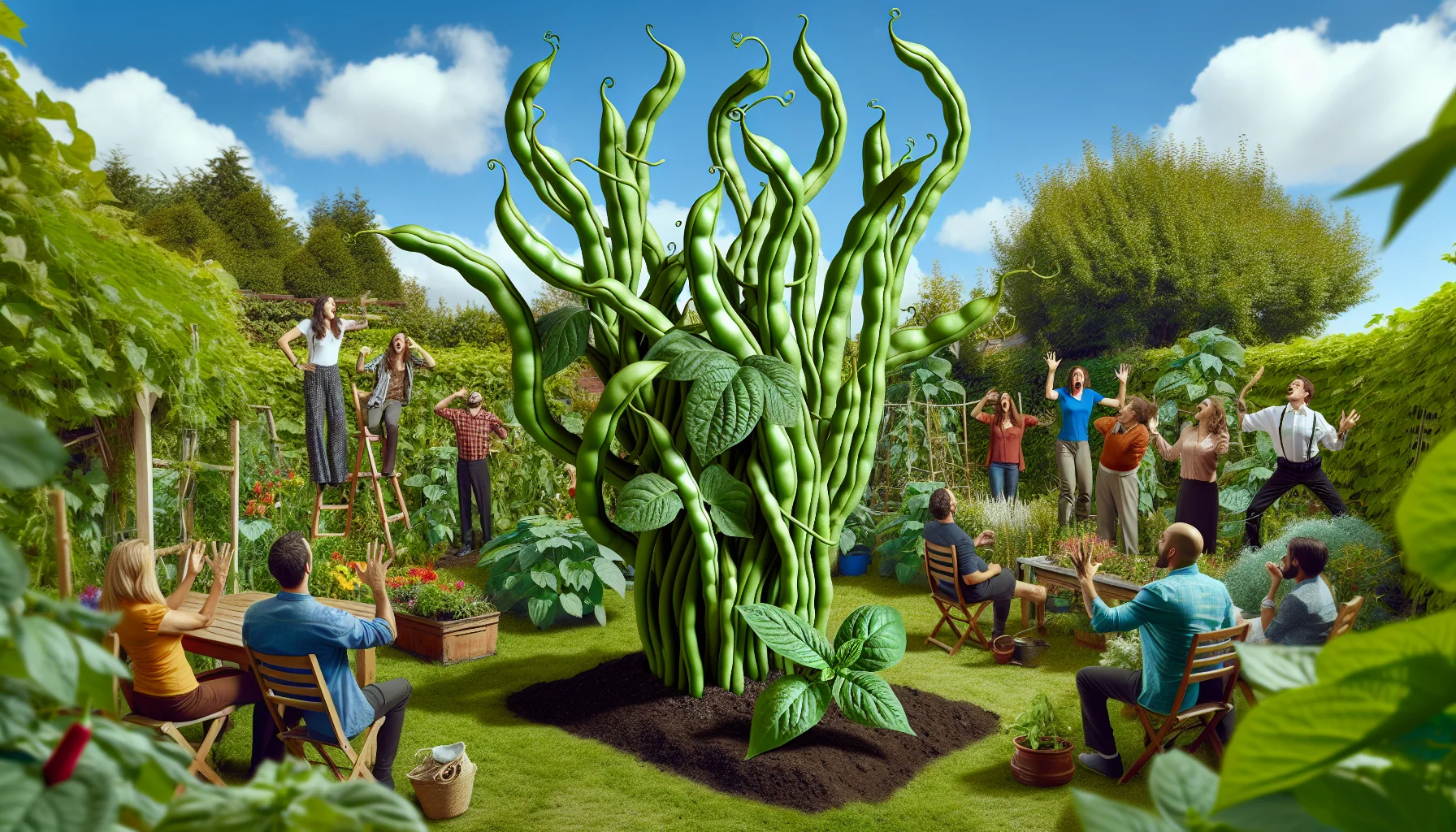 Imagine a humorous and interactive scene set in a vibrant backyard garden. Centered amongst a variety of flourishing plant life, focus on a lush, green bean plant. Its vines are twisty, reaching upwards confidently towards the sky, and it is heavy with ripe, trim green beans. Suddenly, these beans spring to life, dramatically acting out scenes from a popular play with exaggerated expressions and actions. The sight is so engaging, onlookers, consisting of a diverse group of individuals of different genders and descents, can't help but chuckle and share amused glances. They seem compelled to try their hands at gardening, drawn in by the enchanting and humorous spectacle.