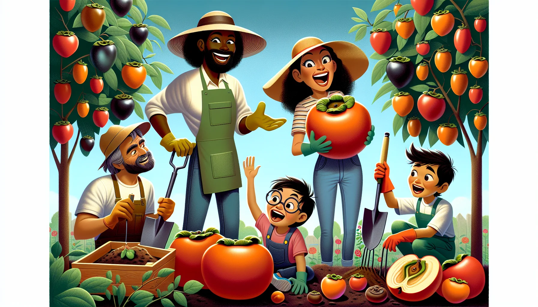 A humorous and enticing image showcasing a garden scene with multiple types of persimmons. In the center, an African American woman, full of enthusiasm and wearing a sun hat and gloves, chats with a Caucasian man holding a trowel and a persimmon while a South Asian child excitedly holds up a large Hachiya persimmon. To one side, a Middle Eastern teenager busily plants a new persimmon tree. All around are full-grown trees with different persimmon fruits like Fuyu, American, and Black Persimmons rich in color and diversity, conveying the joy of gardening.