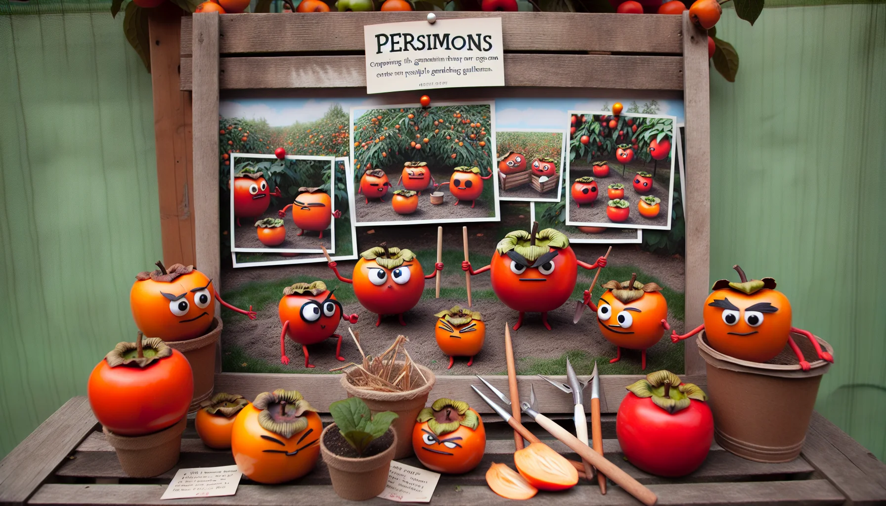 Craft a humorous, photo-realistic scene set in a gardening setting. Feature prominently different types of persimmons, each type taking on a quirky 'personality'. These personified persimmons can be seen encouraging each other to grow, showcasing their unique qualities, or even slightly exaggerating typical gardening dilemmas. Complement this lively display with rich, natural colors that are inviting and pleasing to the eye, to encourage viewers to take part in gardening and experience the fun and satisfaction it provides.
