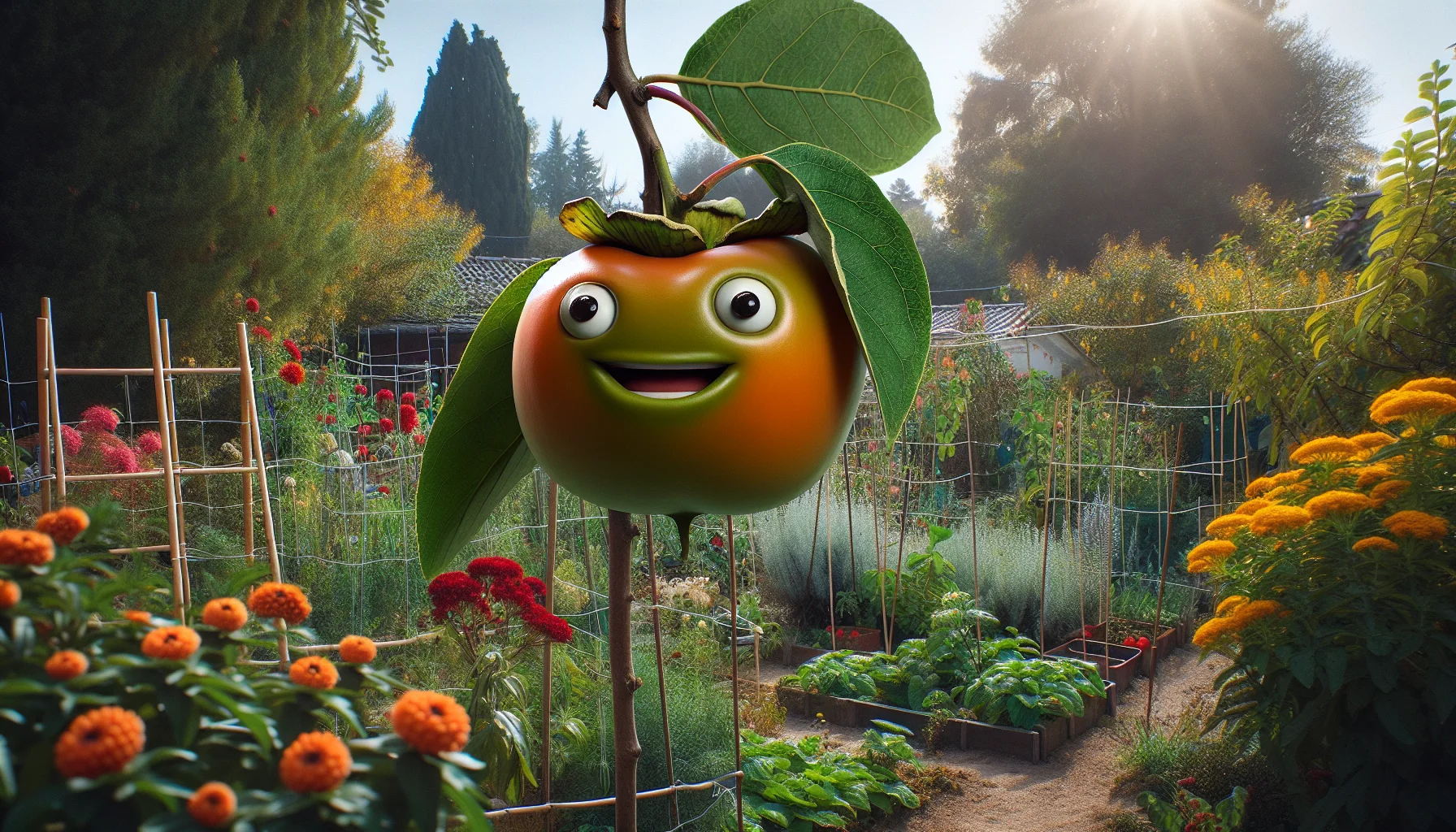 Generate a realistic image of a garden scenario. In the foreground, an unripe persimmon with a humorous expression, as if it's telling a joke, hanging from its tree. The persimmon tree is located amidst an abundant garden, with a variety of plants and flowers blossoming, reinforcing the allure of gardening. The atmosphere is bright and sunny, with a clear blue sky overhead. The scene may also include a garden tool or two subtly placed, signifying the gardening work. All these elements should collaborate to compel viewers to enjoy the concept of gardening.