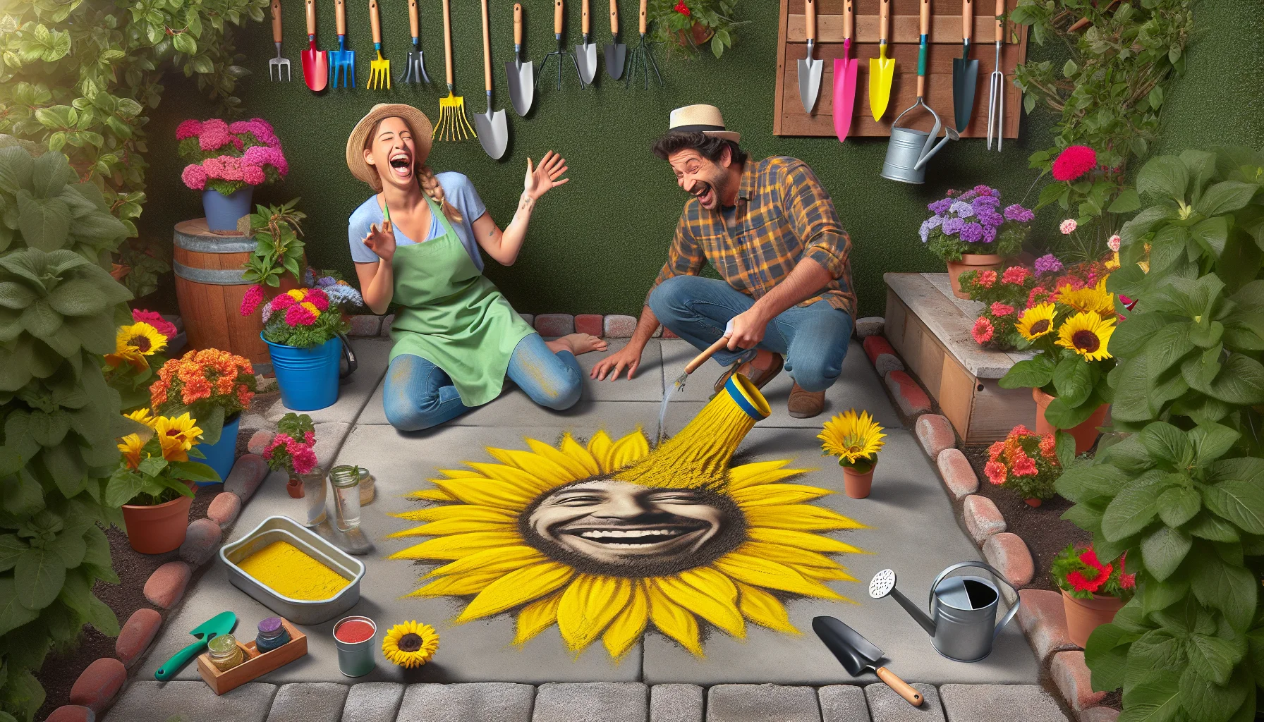 Create a humorous, realistic image that depicts a scene related to gardening. A man of Hispanic descent is using concrete stains to accidentally create an image of a cheerful sunflower on a garden path, while a woman of Caucasian descent laughs nearby, holding a watering can. Various gardening tools are scattered around them while vibrant-colored flowers peak through the well-tended green shrubs. The whole setting invokes a light-hearted, whimsical feel, compelling viewers to try their hand at gardening and have fun with it.