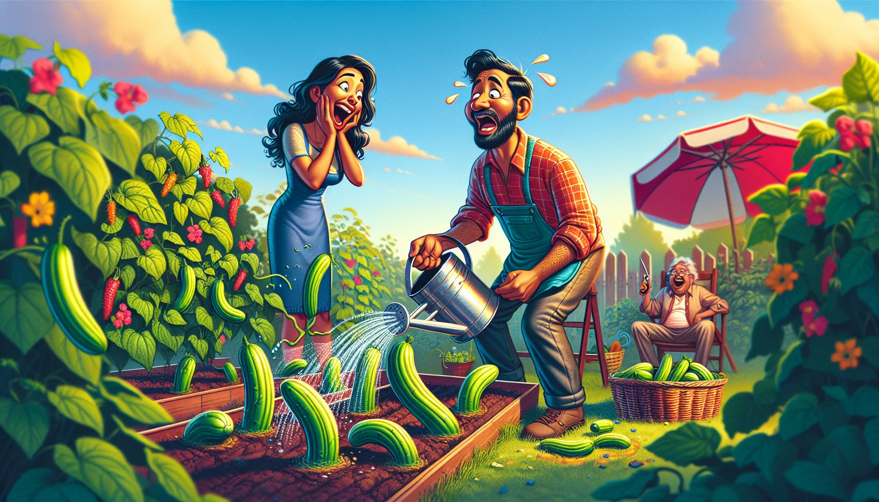 Imagine a whimsical and amusing scene set in a lush vegetable garden under a clear summer sky. In this scene, a man of South Asian descent and a woman of Hispanic descent are tending to their cucumber plants. The man, bewildered, holding a watering can, watches as the plants unexpectedly grow at a hilarious speed. Next to him, the woman laughs heartily at the situation, holding a basket of already harvested cucumbers. This colorful and lively image captures the joy and quirks of gardening, making it an enticing activity.