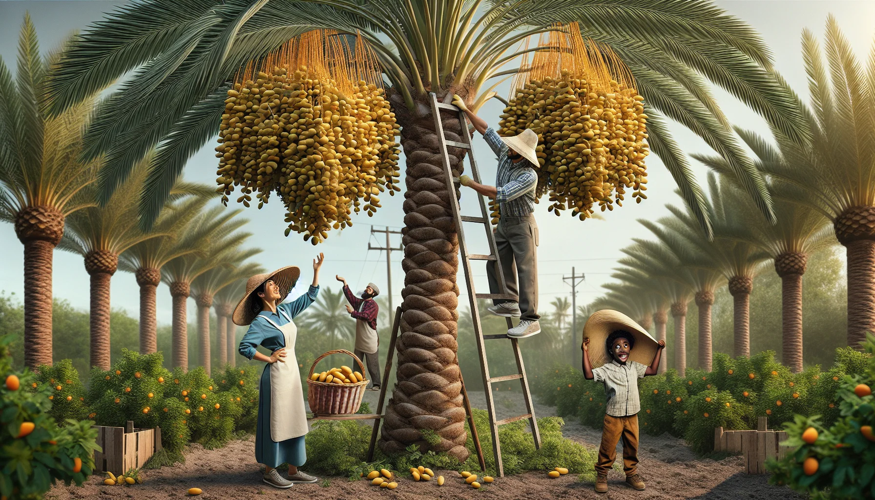 Visualize a comedic and intriguing scene in a lush garden setting. In the foreground, there's a sturdy date palm tree, its branches heavy with clusters of fresh, golden-yellow dates that haven't yet been dried. The main characters in this playful scene are a South Asian woman and a Hispanic man, both wearing straw hats and comfortable gardening clothes, using a tall ladder and a handheld basket to harvest the fruits. In the back, there's an eager Black child with a huge sun hat, mimicking their actions with a toy ladder. Create this image in a realistic style to inspire interest in gardening.