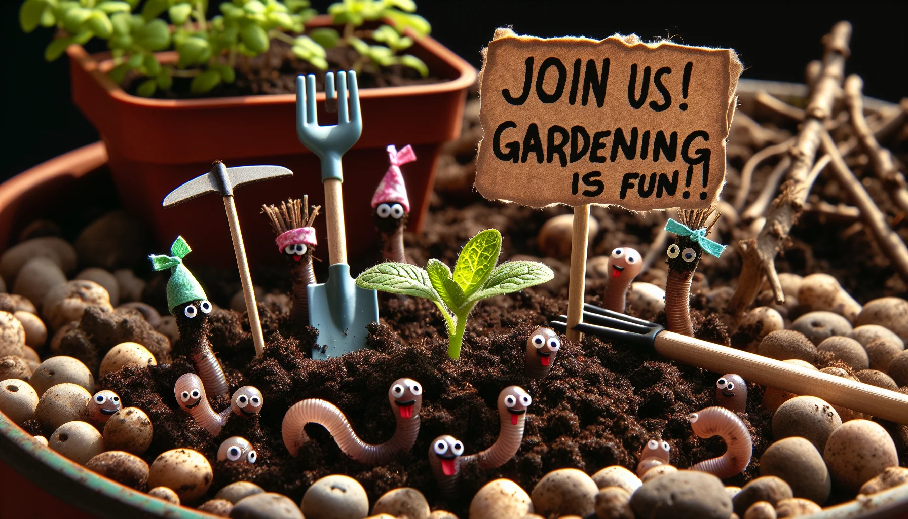 Humorous scene of a garden soil having a small party with mini gardening tools like a rake and spade adorned with tiny bandanas and hats, implying that they're eagerly inviting people to join them in gardening. There are little signs made from twigs and leaves saying 'Join us! Gardening is fun!' Odd-sized worms join the scene with tiny party hats, all are dancing around a plant budding from the nutrient-rich soil, suggesting that the real party begins when the plant grows. The soil itself is teeming with small round pebbles and a healthy brown color indicating a good level of fertility, all under a warmly-lit daylight.