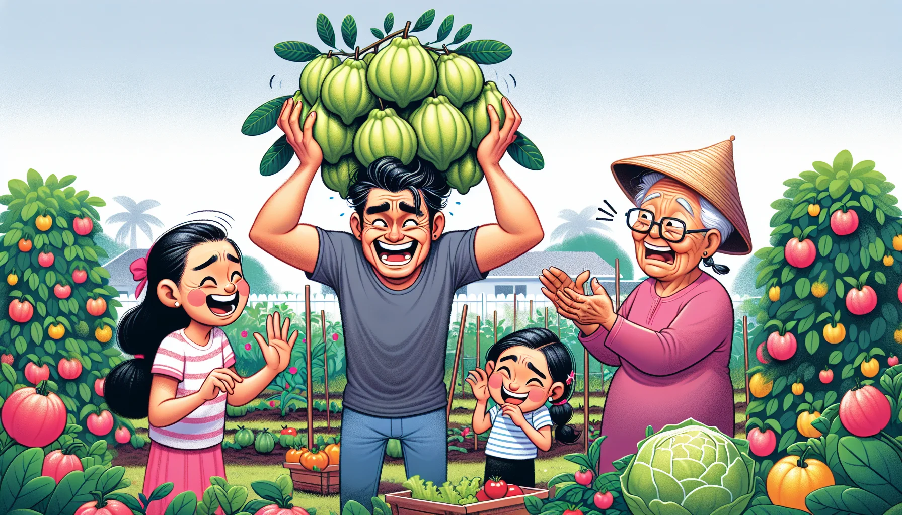 Illustrate a humorous gardening scenario. A South Asian man with a touch of grey hair is in the middle of the garden trying to balance an overgrown guava fruit on his head. A young Black girl is giggling beside him while an East Asian elderly woman is shaking her head in disbelief, their expressions exaggerated for a dash of comedy. The garden surrounding them is vibrant filled with thriving guavas, tomatoes, lettuces and more underscoring the joy of home gardening.