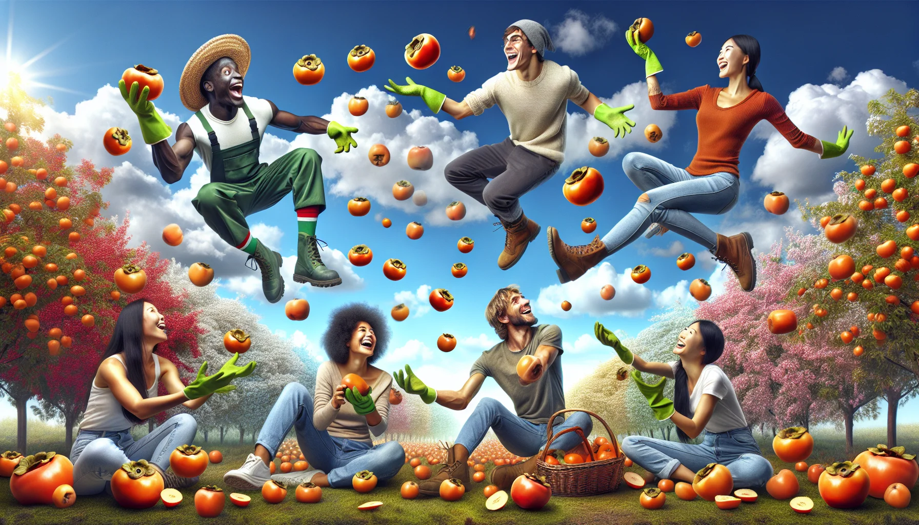An amusing and captivating image showing a group of people involved in gardening. Have one African male and one Caucasian female, both wearing green gardening gloves, tossing ripe persimmons to each other while balancing on one foot. Include a Hispanic male and an Asian female sitting on the grass, laughing and peeling persimmons. Show the sky as azure blue, filled with fluffy white clouds, and a background filled with a multitude of blooming flowers in various colors, creating a cheerful and light-hearted atmosphere. The intent is to portray gardening and enjoying persimmons in a fun and enticing way.