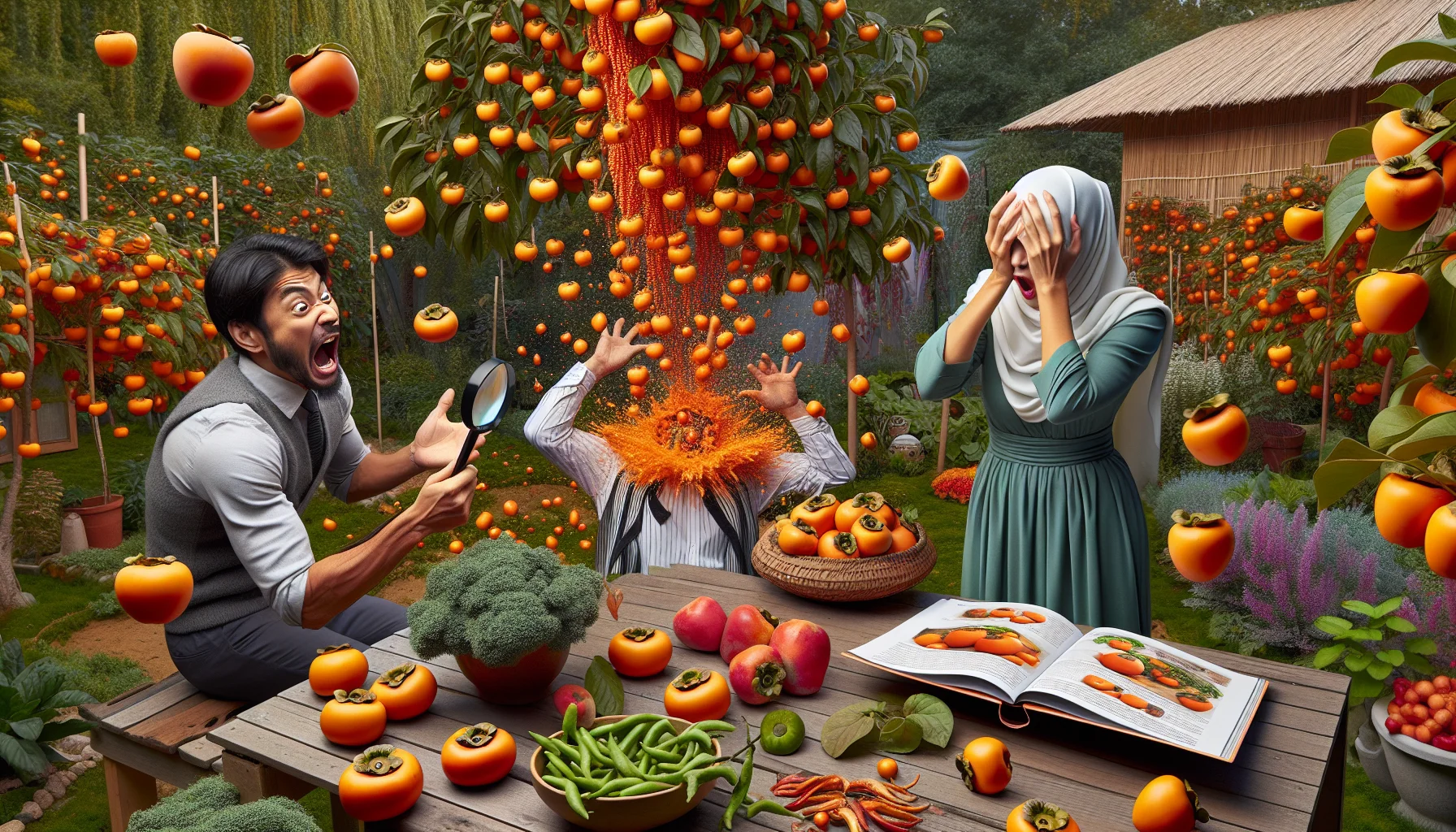 Envision a hilarious scene in a lush garden, bursting with color. In the center is a Middle-Eastern woman smacking her forehead in an 'ah-ha' moment, surrounded by a cascade of just-fall orange persimmons from a nearby tree. She holds a magnifying glass and an open, detailed guidebook on when persimmons are ripe. Meanwhile, a South Asian man is off to the side, about to taste a persimmon for the first time, with an expression of wide-eyed anticipation. The garden environment is filled with various plants and vegetables, promoting the joys and surprises of gardening.