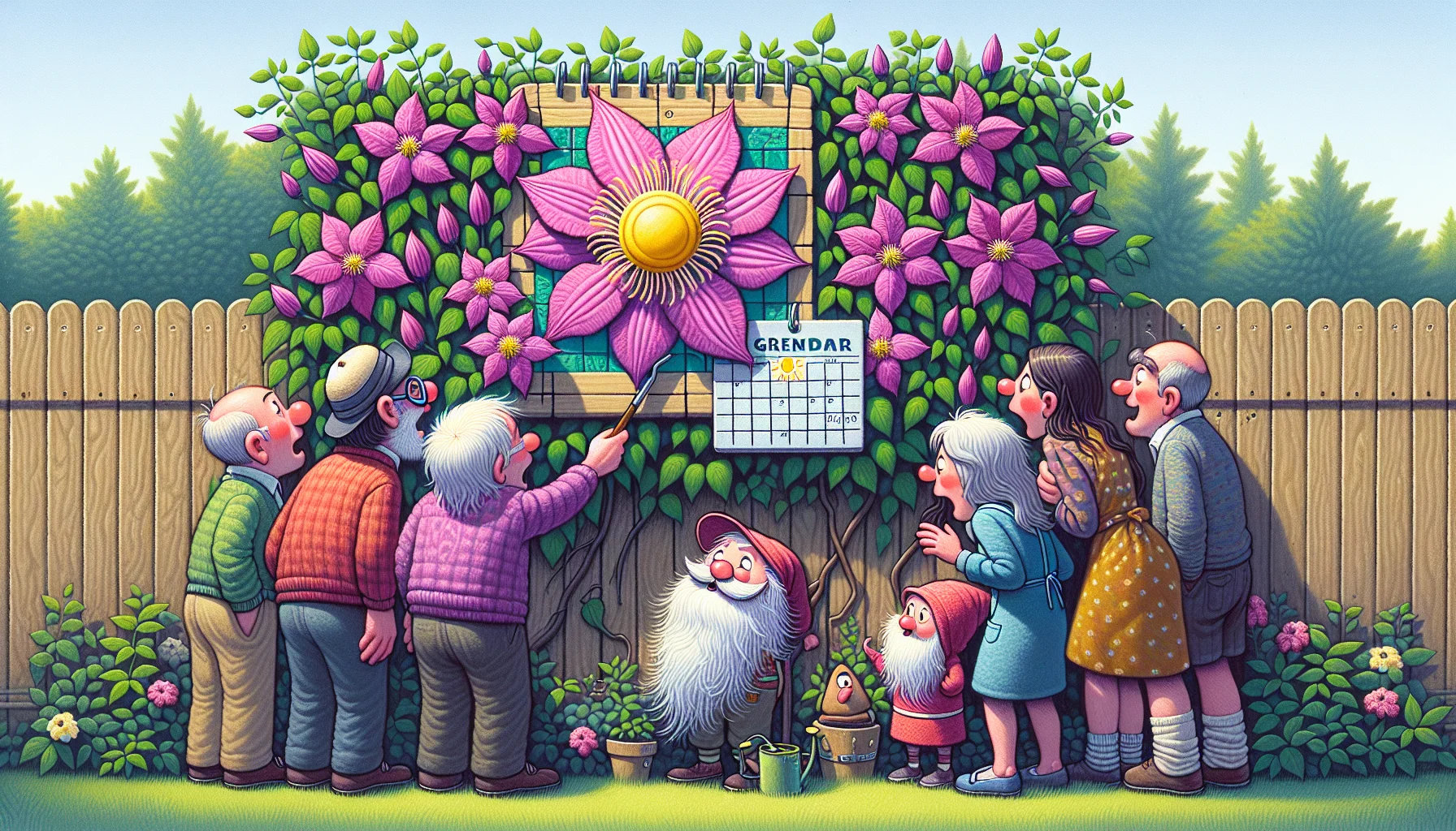 Create a light-hearted scene of a Clymatis garden in full blossom, indicating the peak of their blooming phase. Include a diverse group of individuals of different genders and descents, all looking puzzled as they peek at a colorful, oversized calendar hung on a garden fence. The calendar shows a bright sun icon against the current date. Perhaps nearby, a playful garden gnome is pointing towards the calendar with a cheerful grin on its face, encouraging the onlookers to take part in the joy of gardening.
