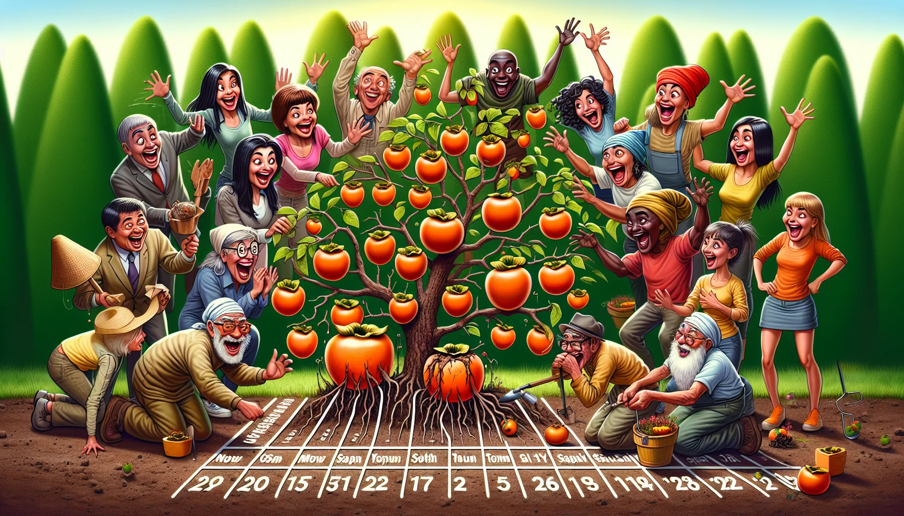 Create a humorous and appealing image that displays the timeline of a persimmon tree ripening its fruits. Picture this in a garden setting, with exaggerated, cartoon-style calendar markings to show the passage of time. Include a variety of diverse gardeners of different genders and descents (Caucasian, Black, South Asian, Hispanic and Middle-Eastern men and women) visibly marveling at the tree's transformation, their faces lit up with anticipation and joy. Their playful and lively interactions create a funny scenario, enticing viewers to partake in the joy of gardening.