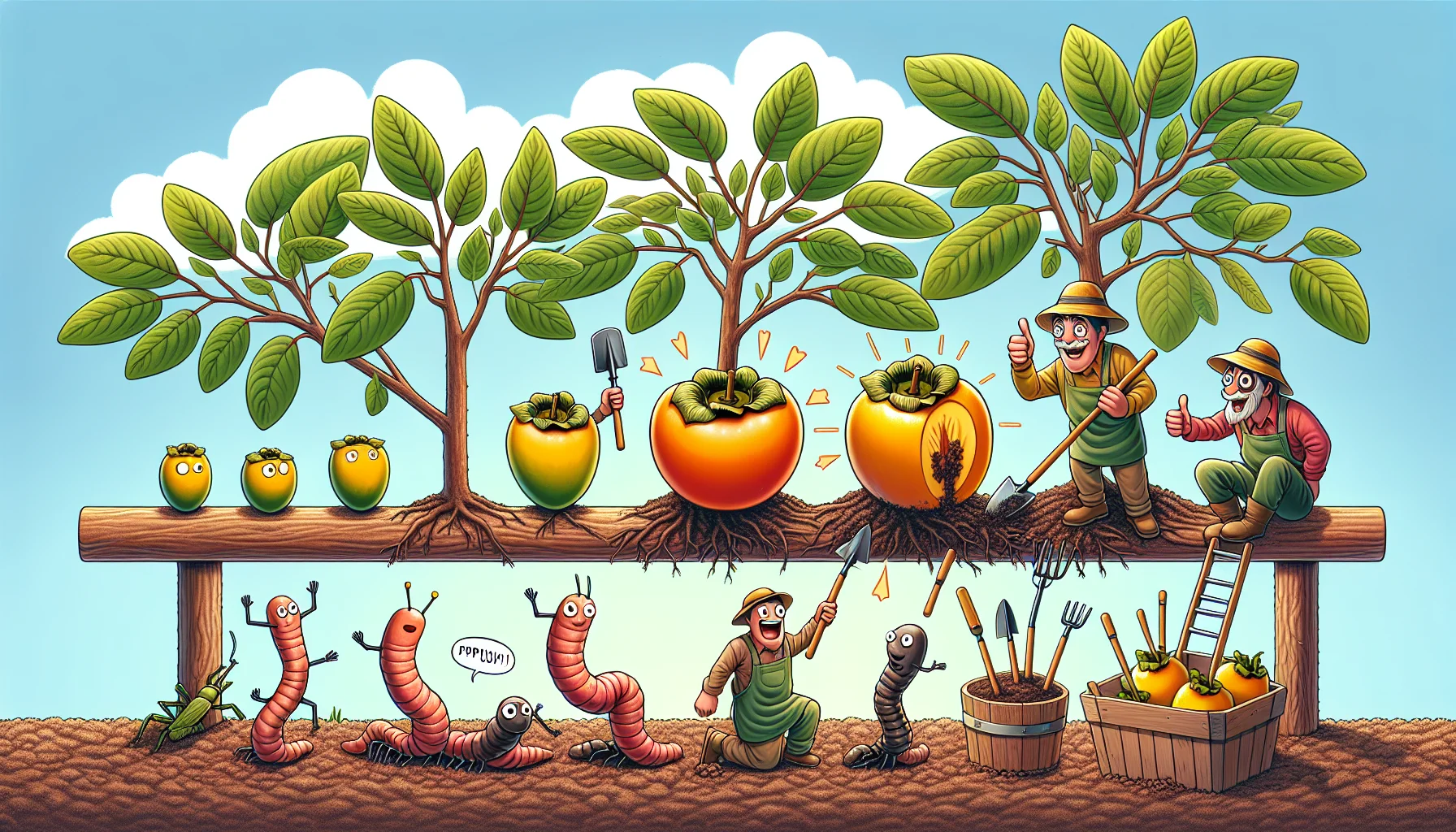 Create a humorous and engaging scenario representing the ripening of a persimmon fruit, in a garden environment. Show a persimmon tree with a single fruit moving through stages of ripeness - from a hard, pale yellow-green fruit to a juicy, rich orange fruit ready for harvest. Complement the scene with animated garden tools surrounding the persimmon tree and cheering for the persimmon as it ripens, giving it 'thumbs up'. To enrich the gardening atmosphere, add some common garden critters such as earthworms and beetles who are also joining in the cheering. Enhance the humor and fun in the scene by having speech balloons from the animated garden tools and the critters expressing excitement and suspense as the persimmon's ripening progresses.